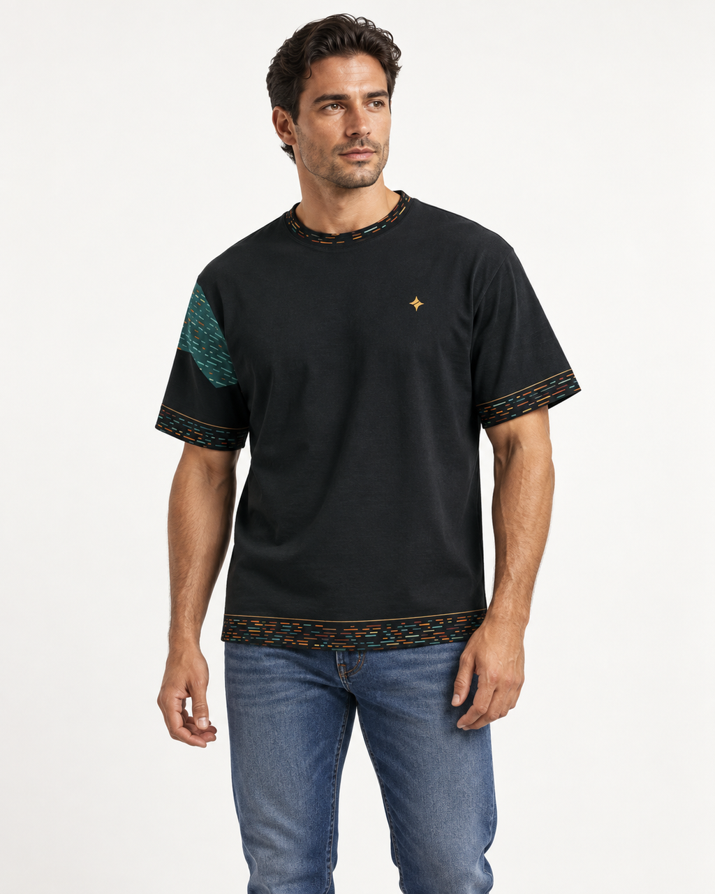 Forest Ledger Reserve boxy cotton T-shirt — front on-model AI styling illustration