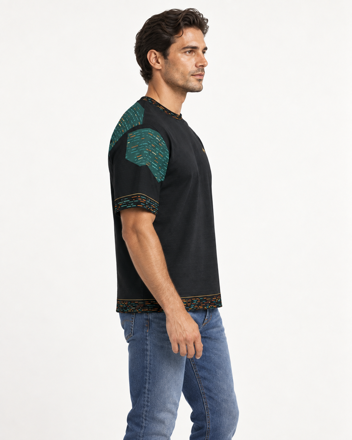 Forest Ledger Reserve boxy cotton T-shirt — side on-model AI styling illustration
