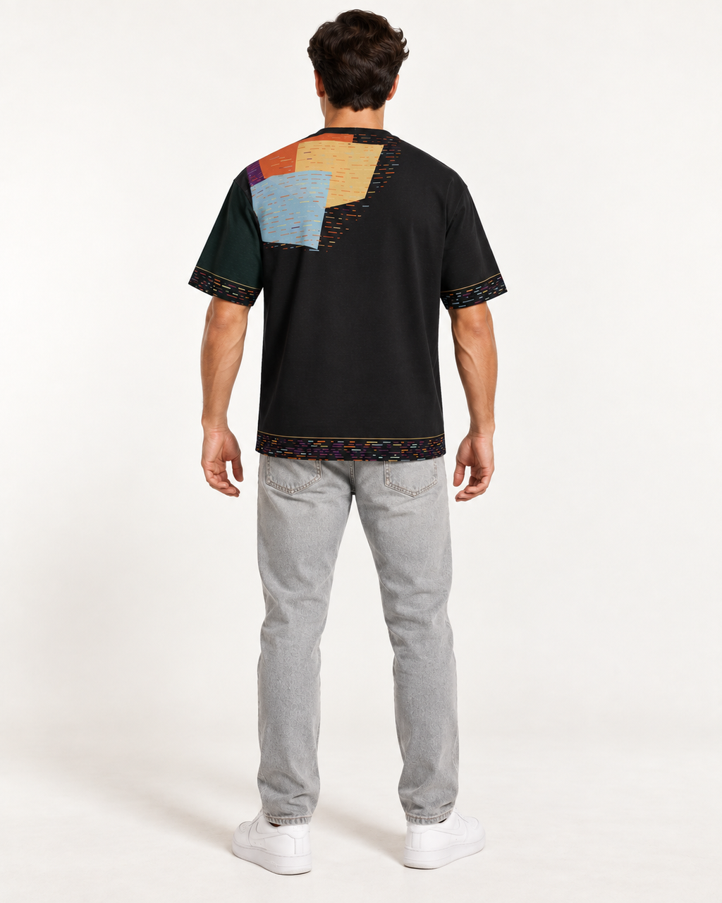 Prism Reserve boxy cotton T-shirt — back on-model AI styling illustration