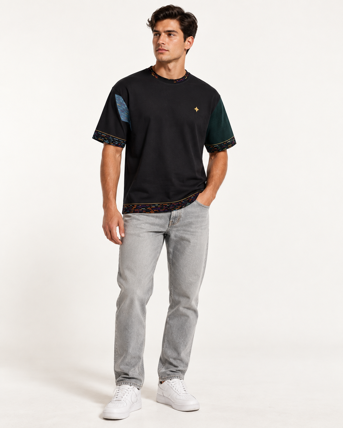 Prism Reserve boxy cotton T-shirt — front on-model AI styling illustration