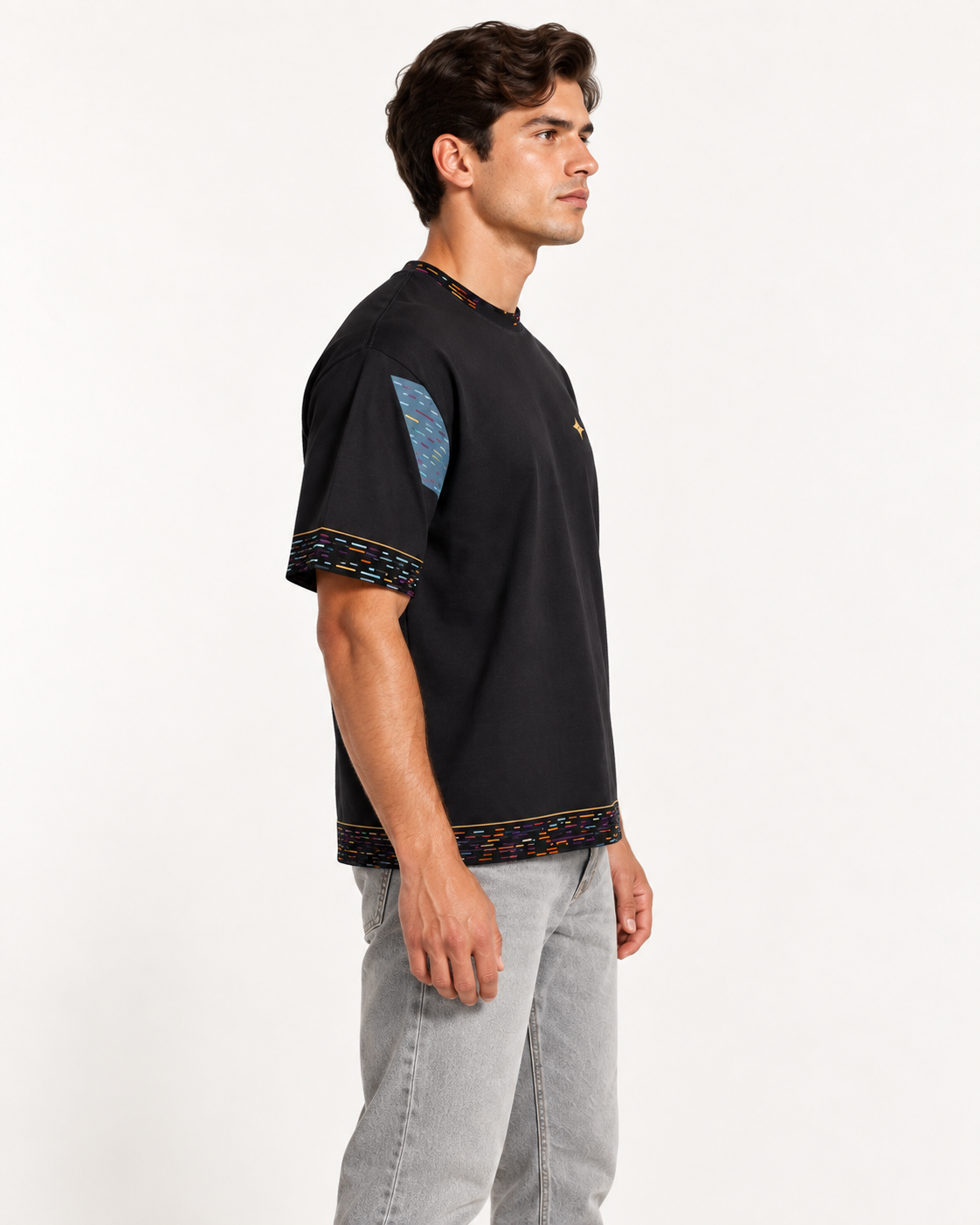 Prism Reserve boxy cotton T-shirt — side on-model AI styling illustration