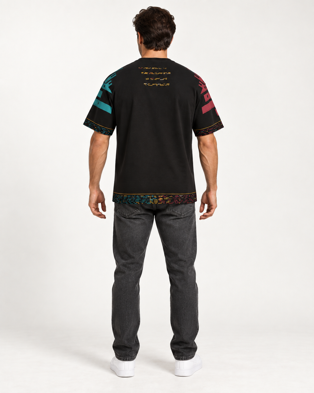 Cinder Inscription boxy cotton T-shirt — back on-model AI styling illustration