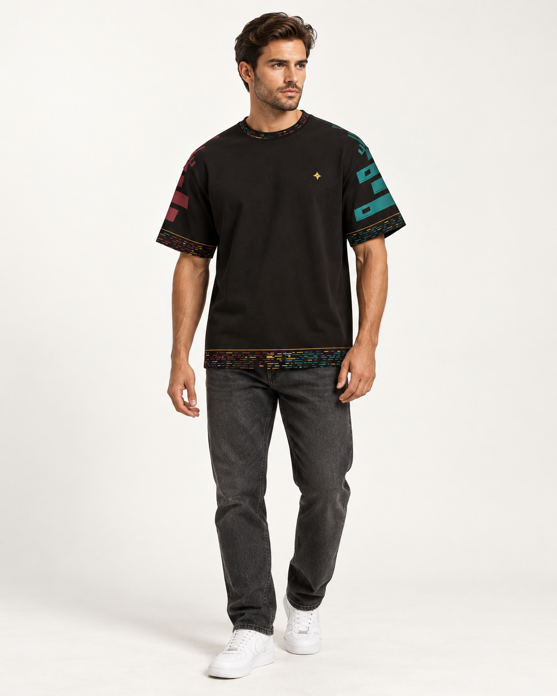 Cinder Inscription boxy cotton T-shirt — front on-model AI styling illustration
