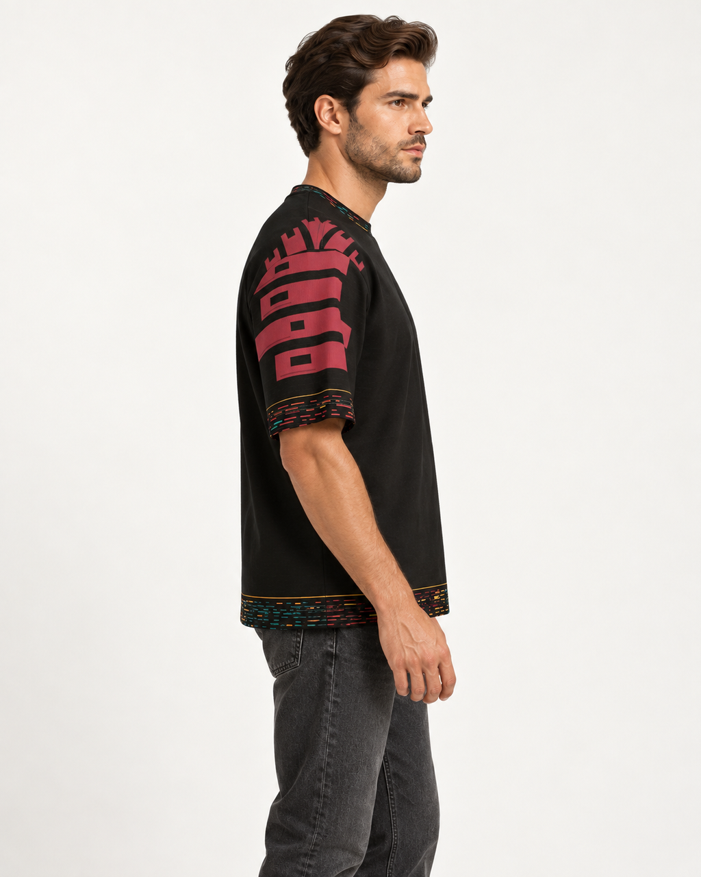 Cinder Inscription boxy cotton T-shirt — side on-model AI styling illustration