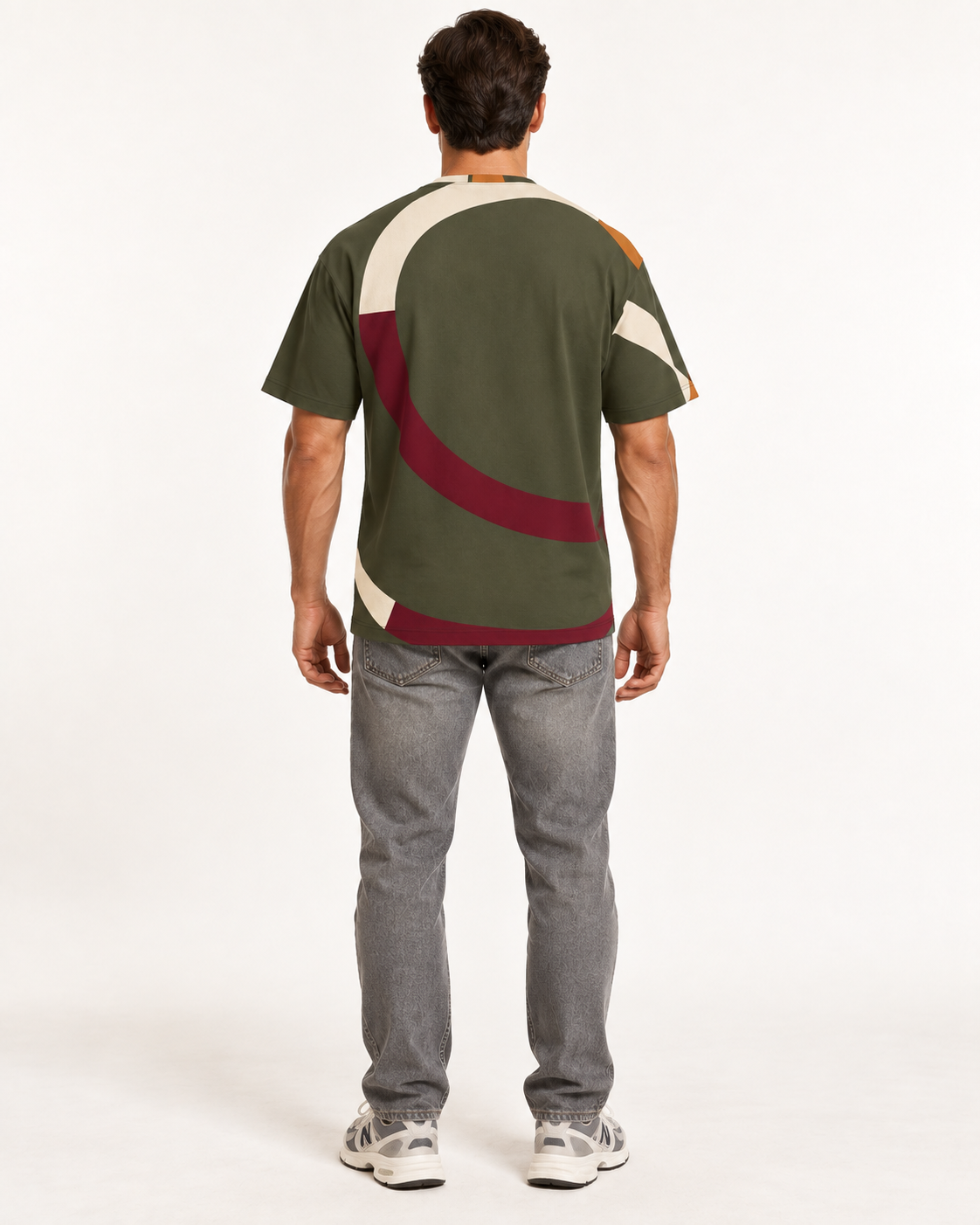 Olive Counterform boxy cotton T-shirt — back on-model AI styling illustration
