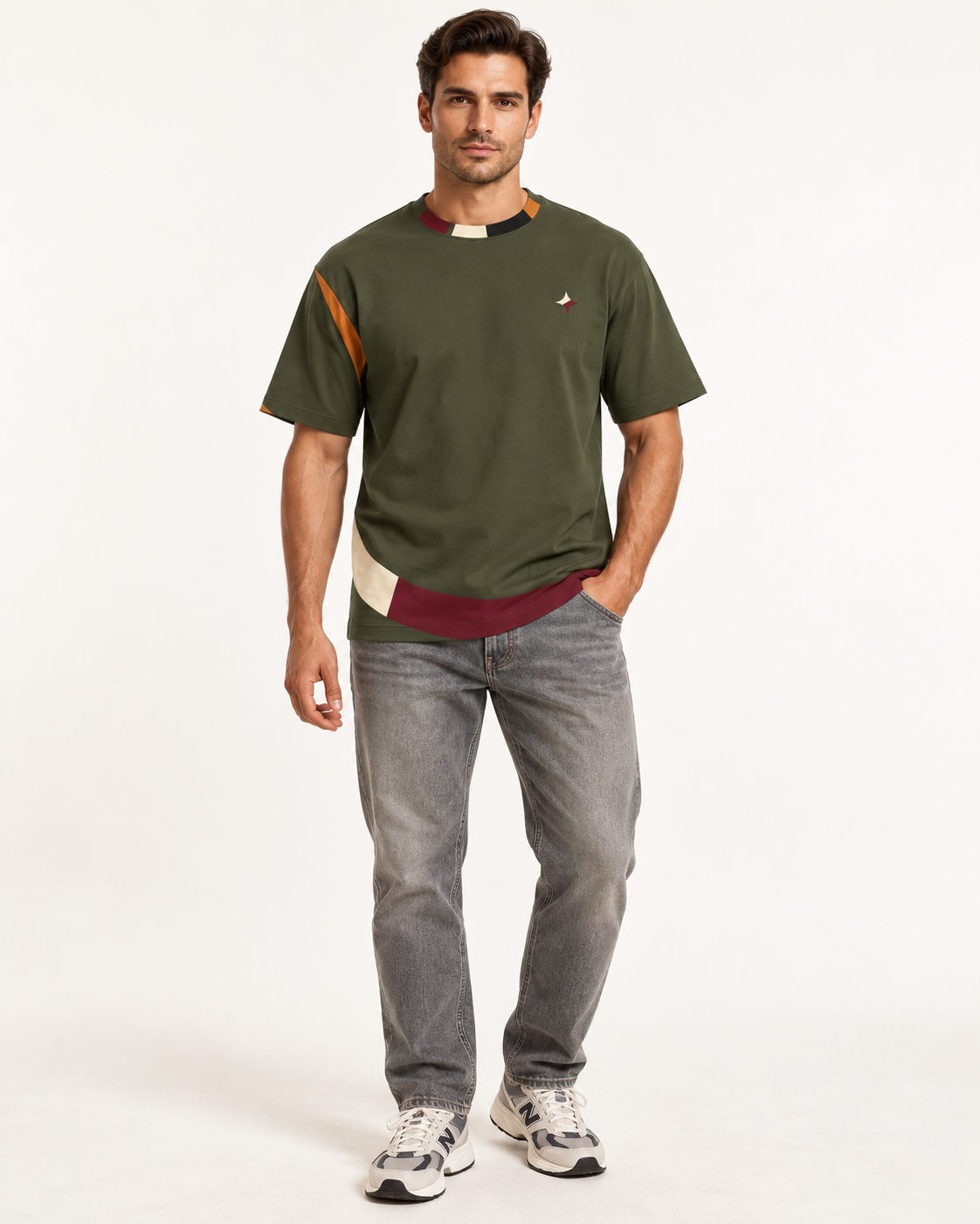 Olive Counterform boxy cotton T-shirt — front on-model AI styling illustration