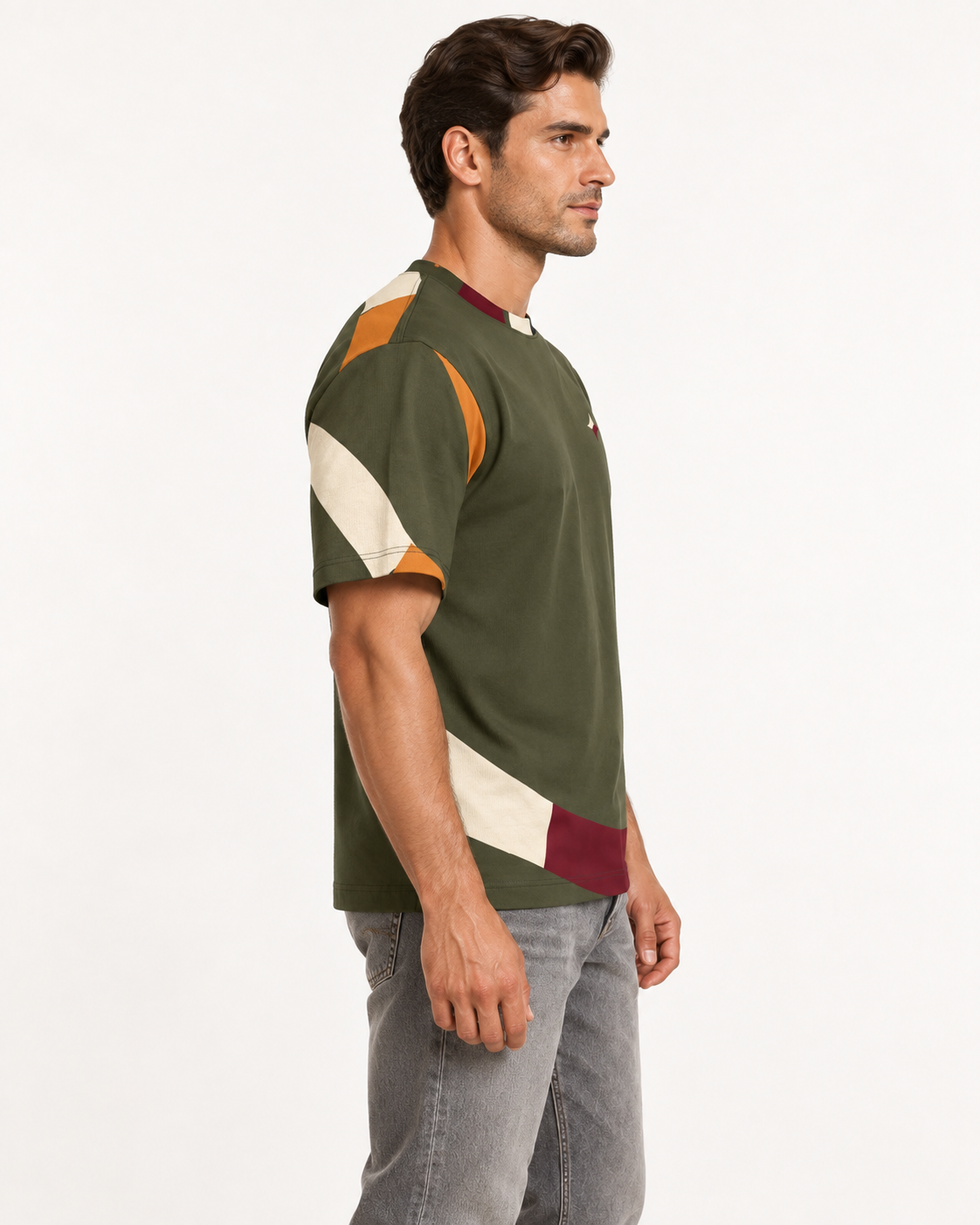 Olive Counterform boxy cotton T-shirt — side on-model AI styling illustration