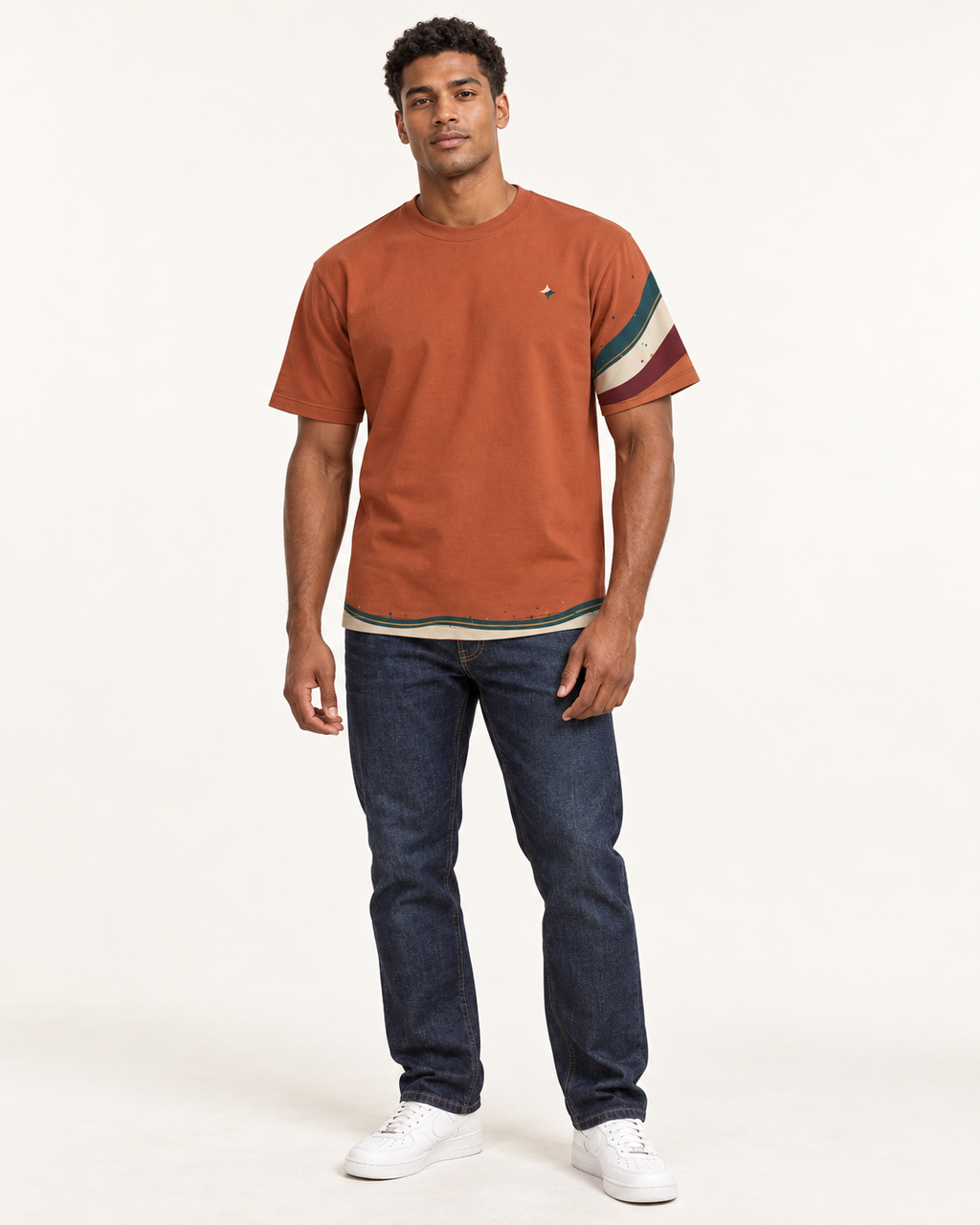 Copper Current boxy cotton T-shirt — front on-model AI styling illustration