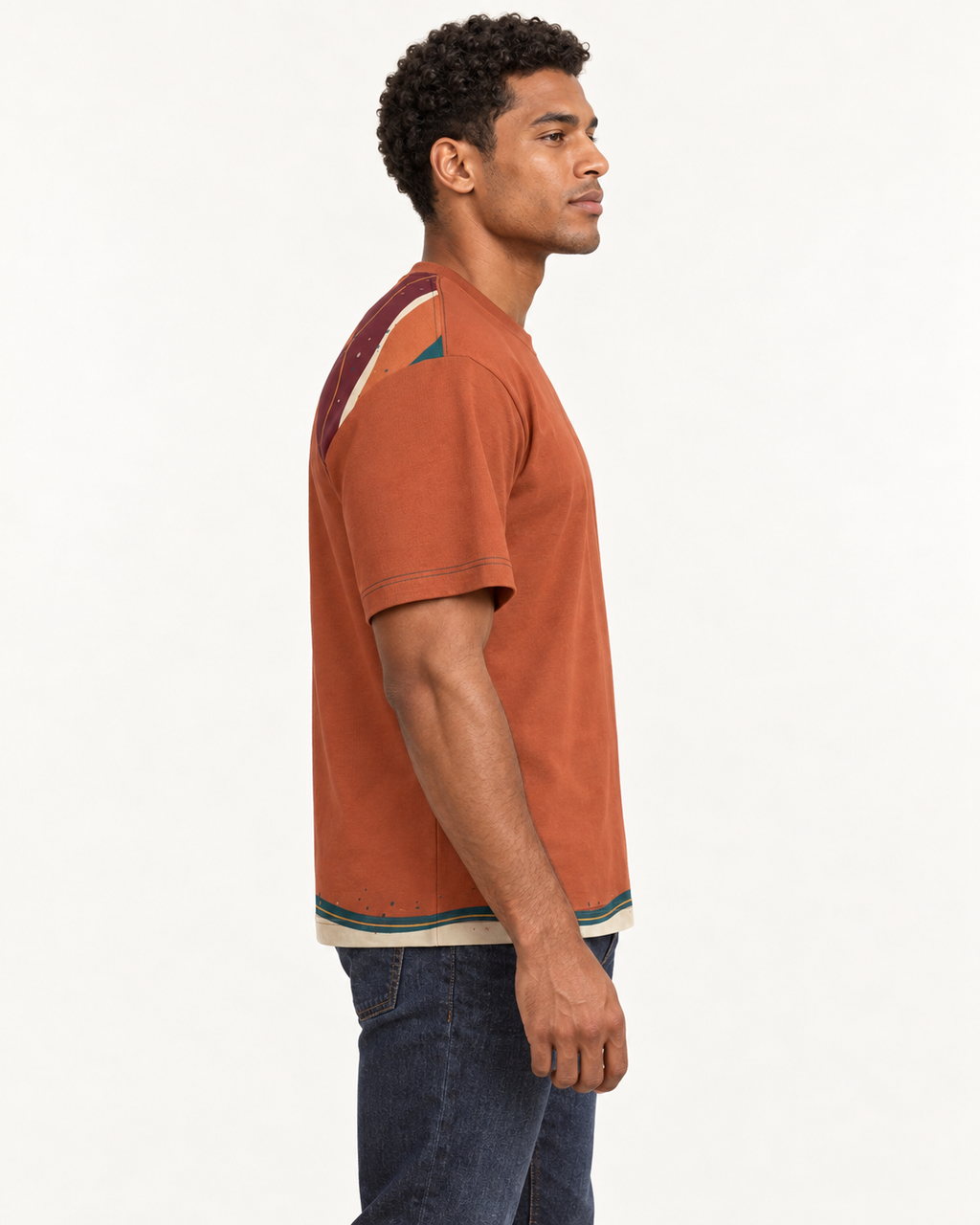 Copper Current boxy cotton T-shirt — side on-model AI styling illustration