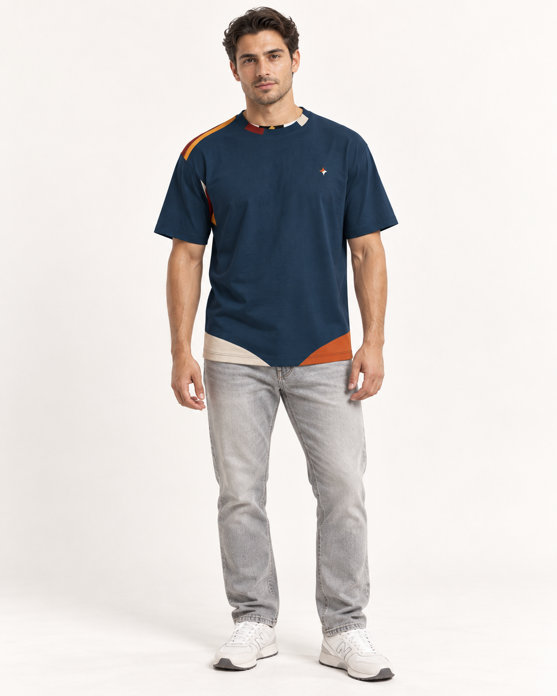 Atlantic Contour boxy cotton T-shirt — front on-model AI styling illustration