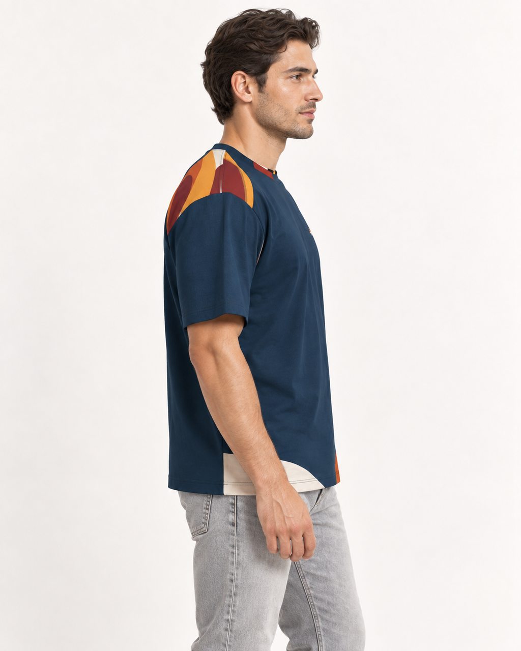Atlantic Contour boxy cotton T-shirt — side on-model AI styling illustration