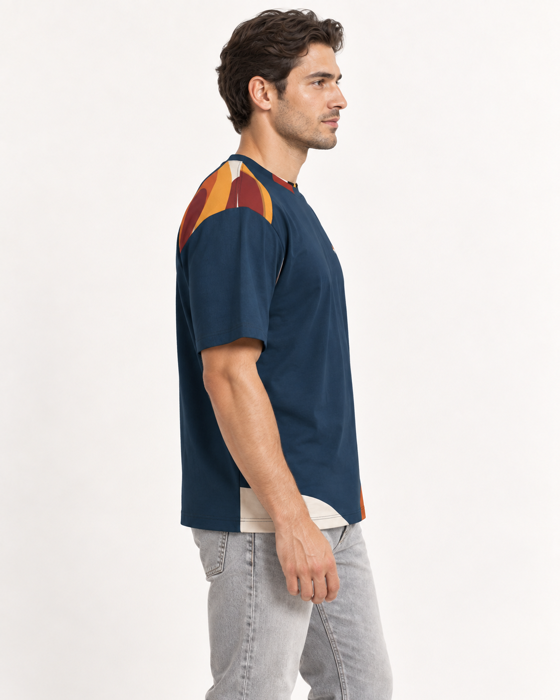 Atlantic Contour boxy cotton T-shirt — side on-model AI styling illustration
