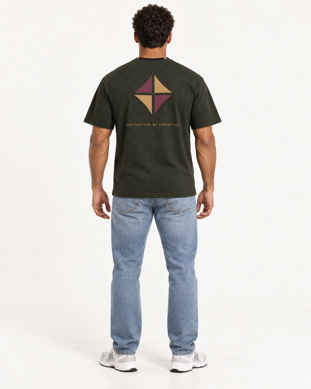 Olive Intention boxy cotton T-shirt — back on-model AI styling illustration