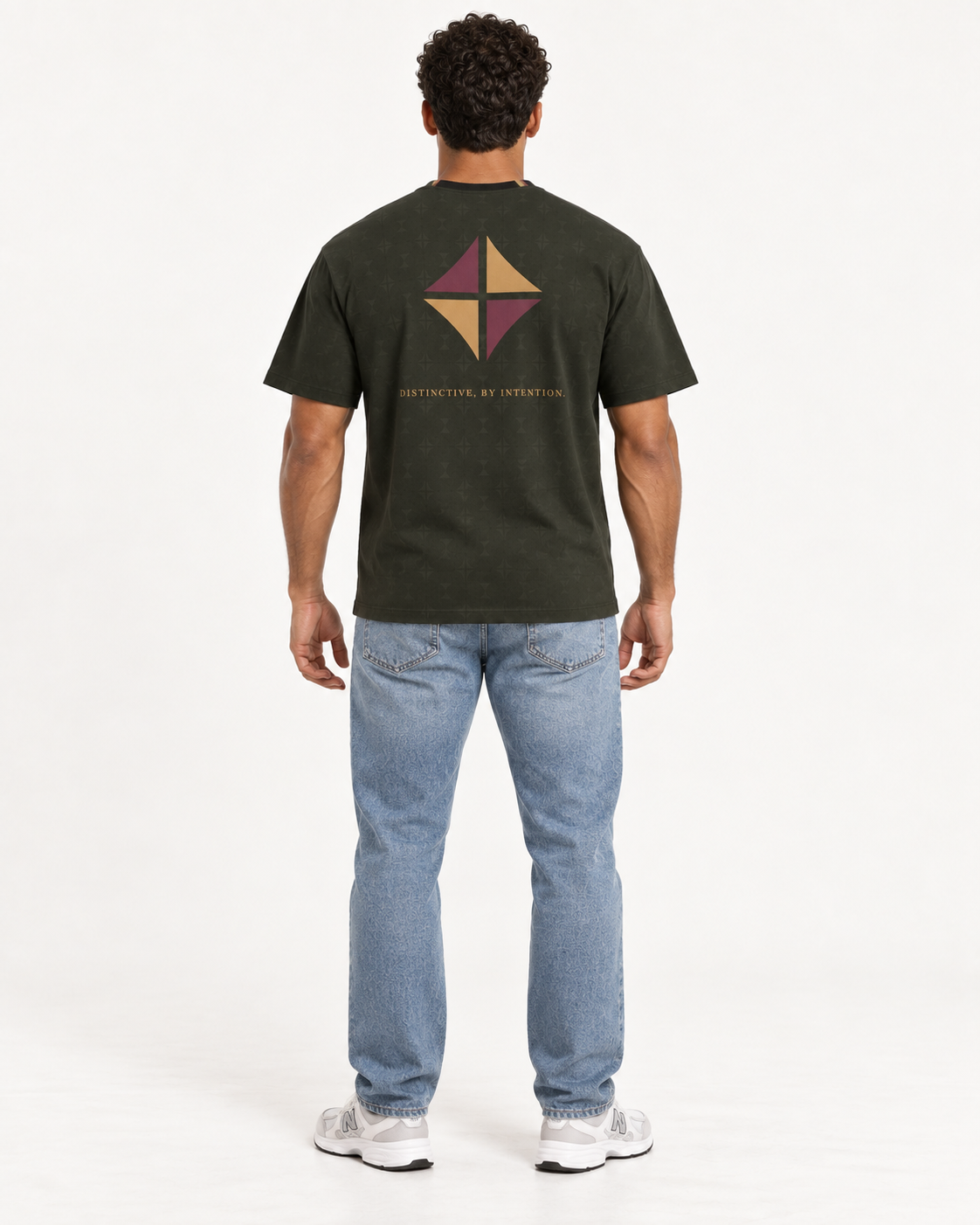 Olive Intention boxy cotton T-shirt — back on-model AI styling illustration