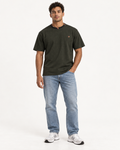 Olive Intention boxy cotton T-shirt — front on-model AI styling illustration