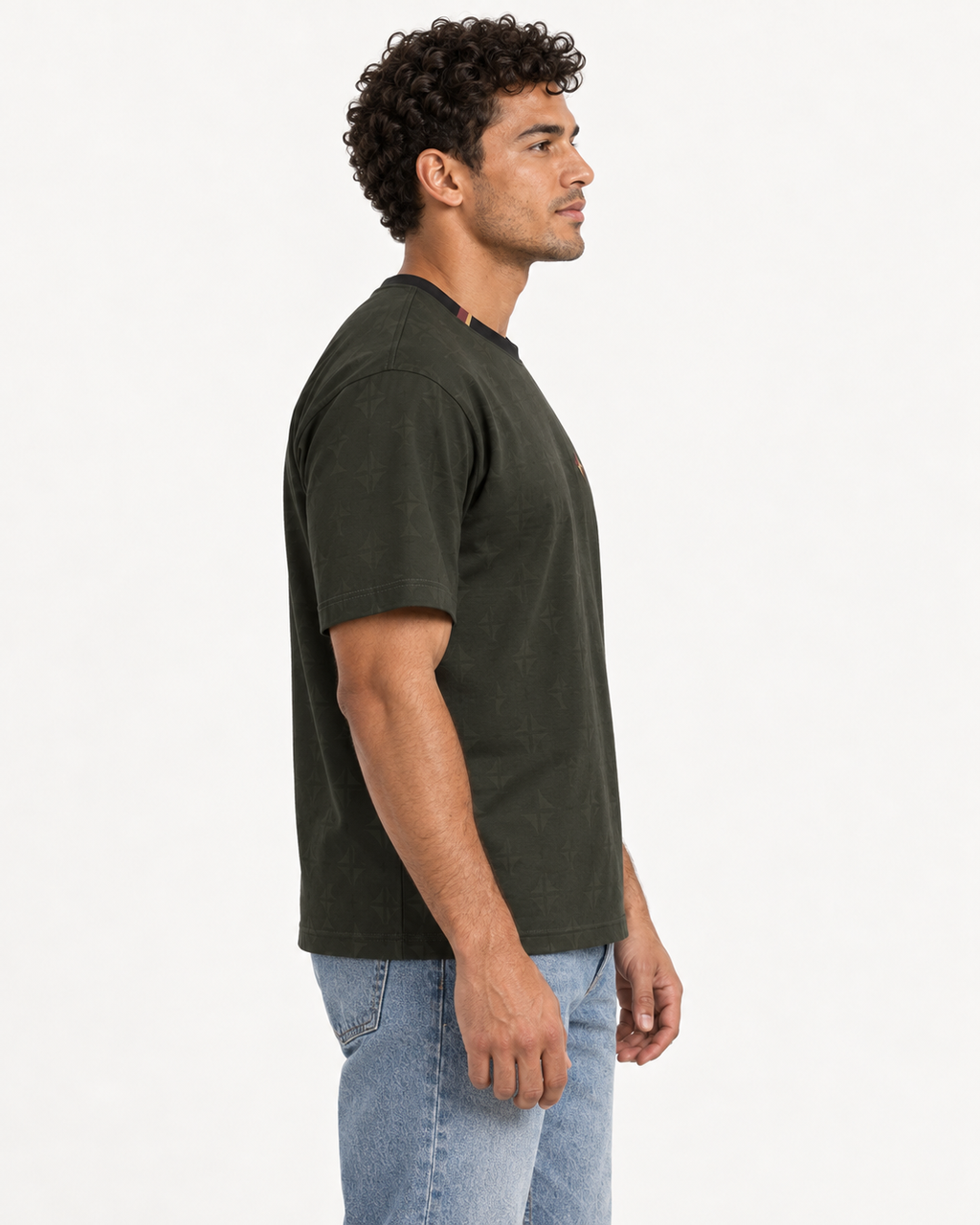 Olive Intention boxy cotton T-shirt — side on-model AI styling illustration