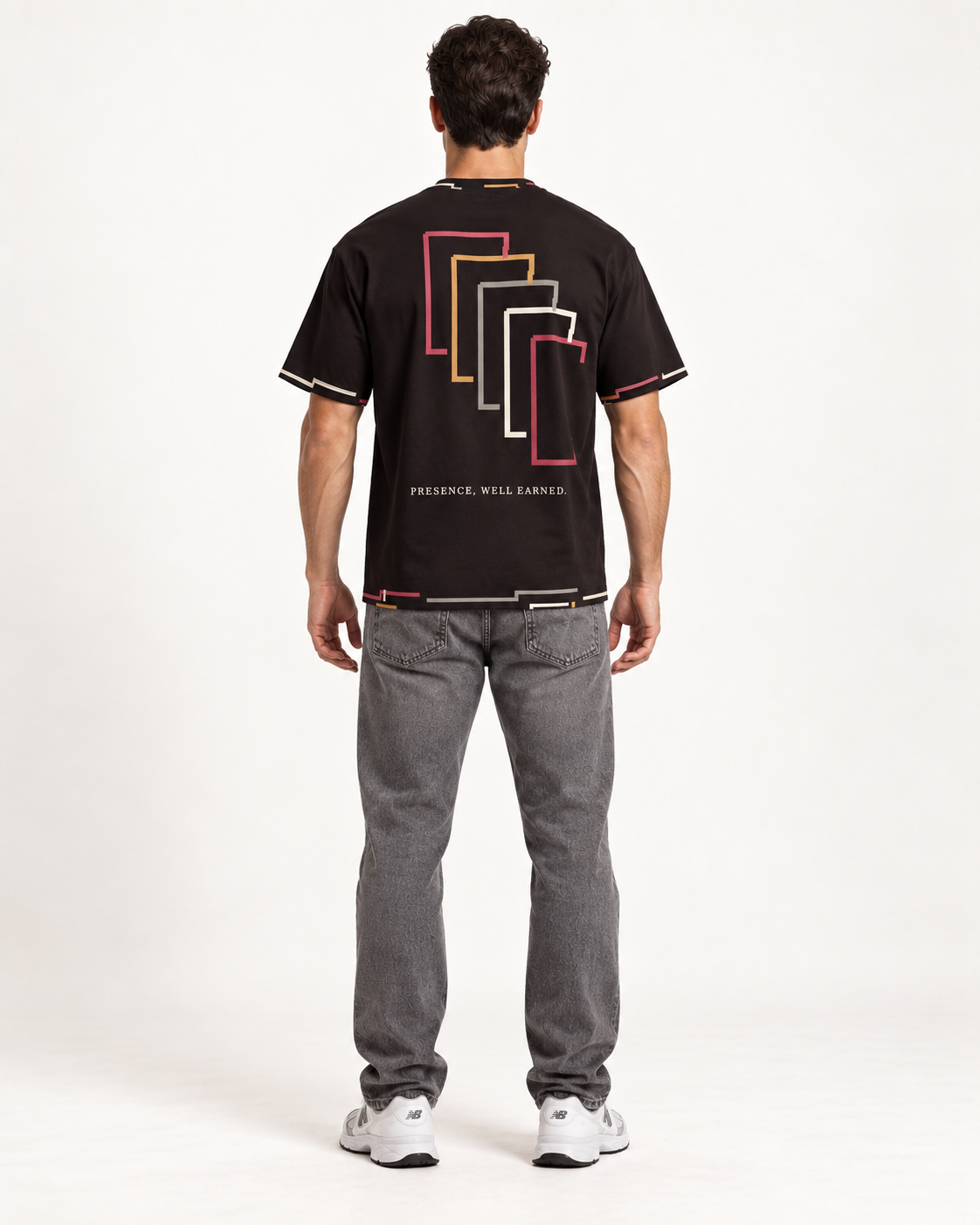 Aubergine Presence boxy cotton T-shirt — back on-model AI styling illustration