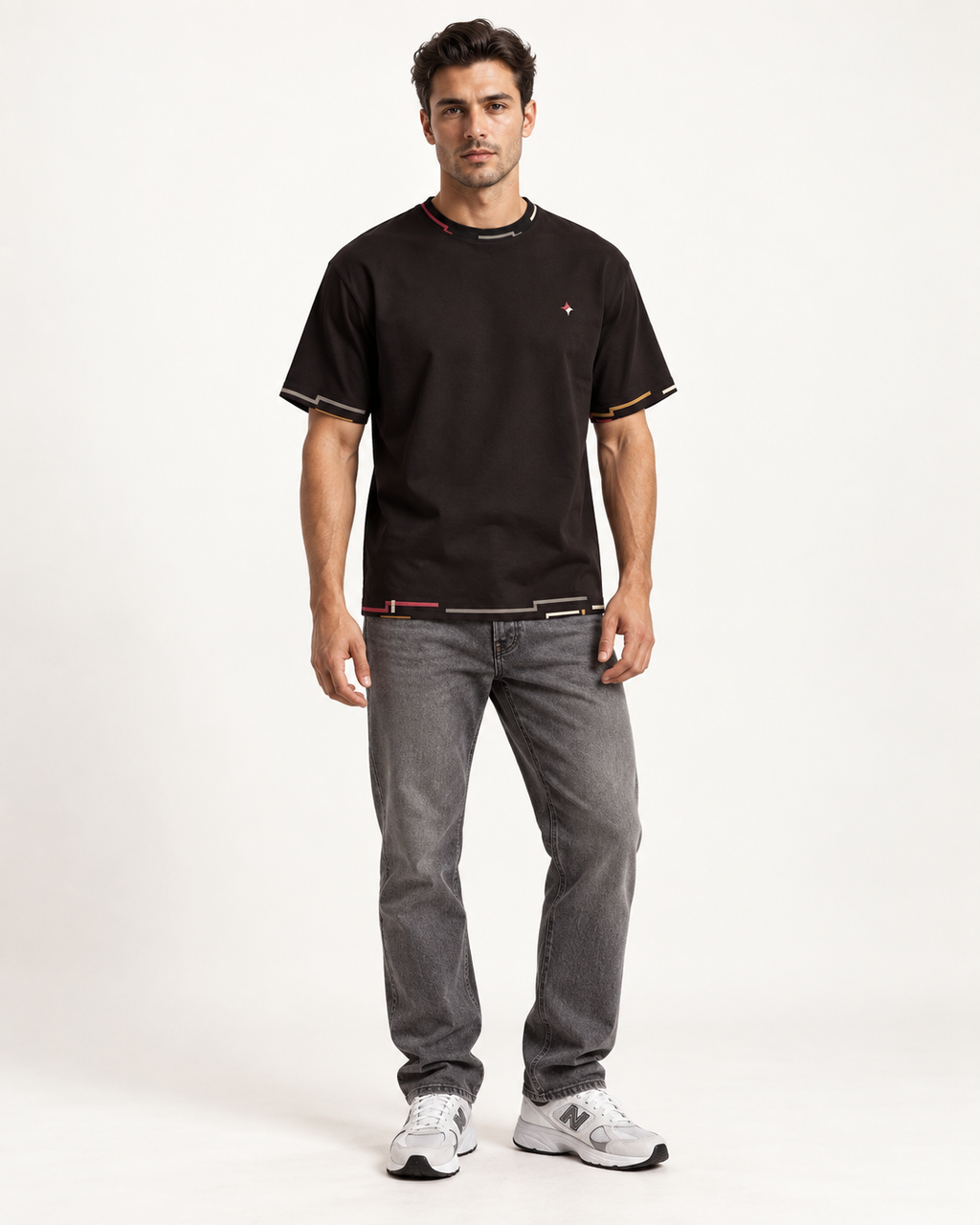Aubergine Presence boxy cotton T-shirt — front on-model AI styling illustration