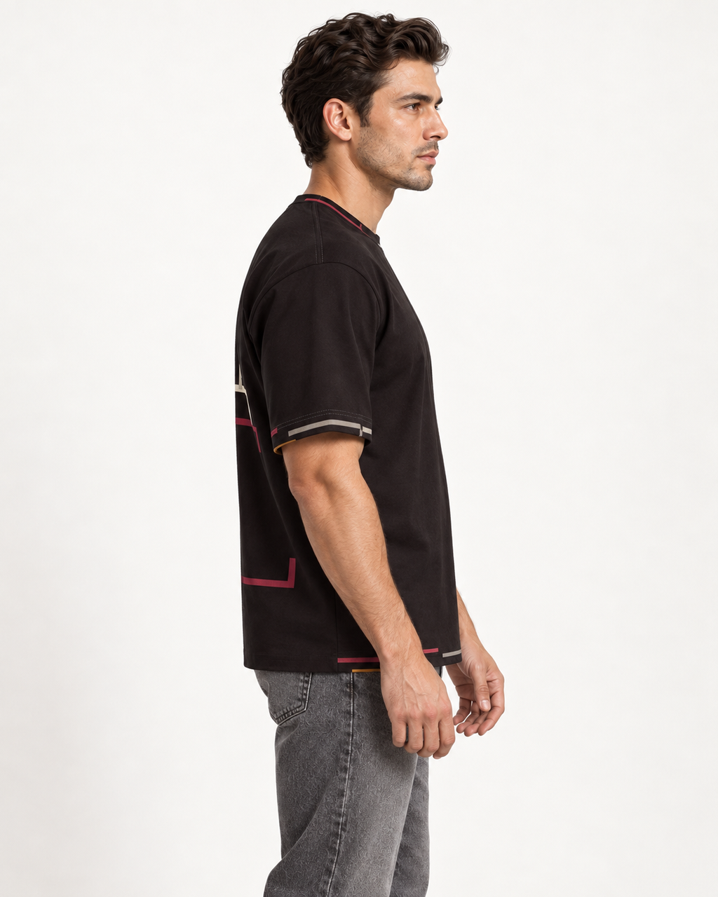 Aubergine Presence boxy cotton T-shirt — side on-model AI styling illustration