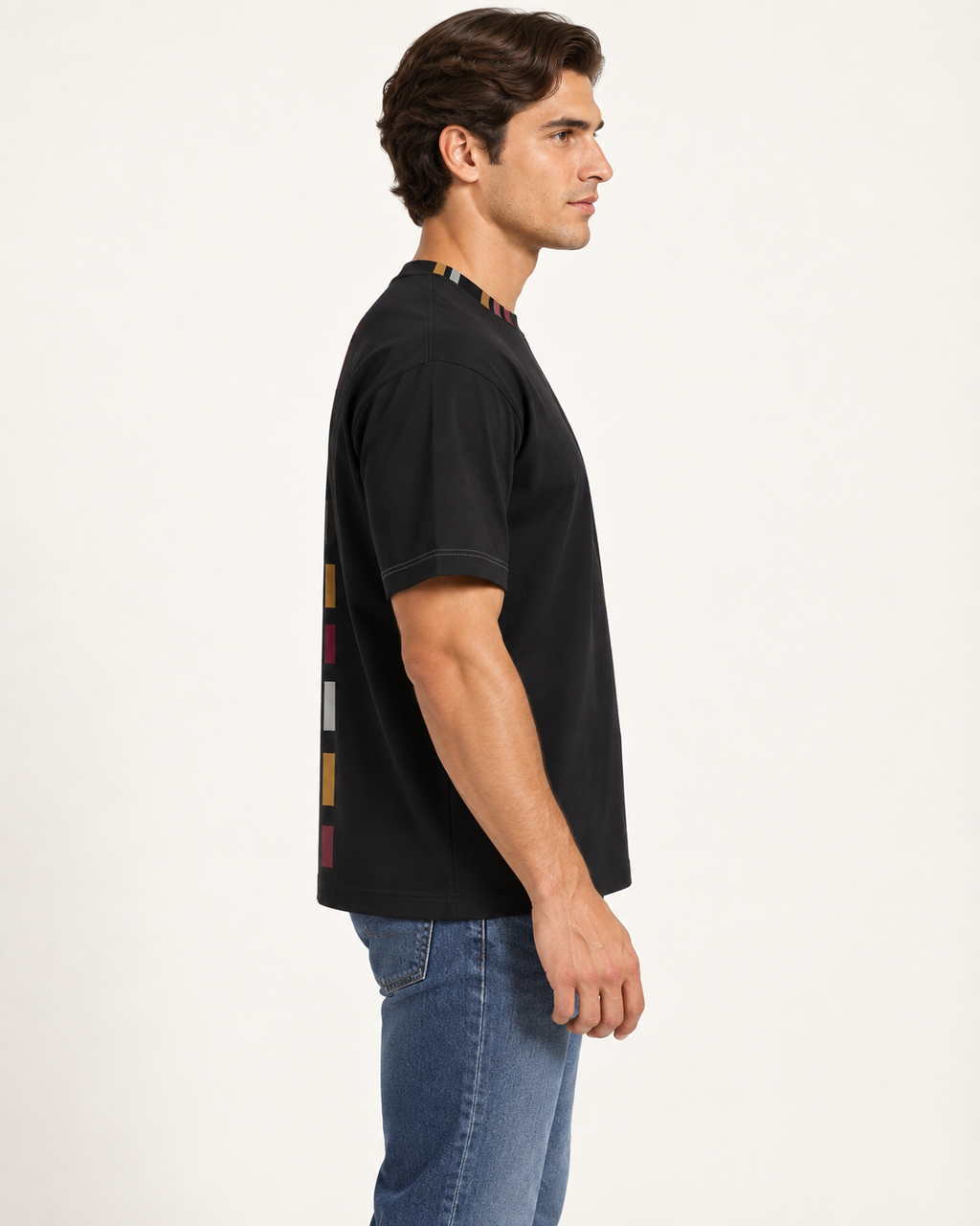 Midnight Axis boxy cotton T-shirt — side on-model AI styling illustration