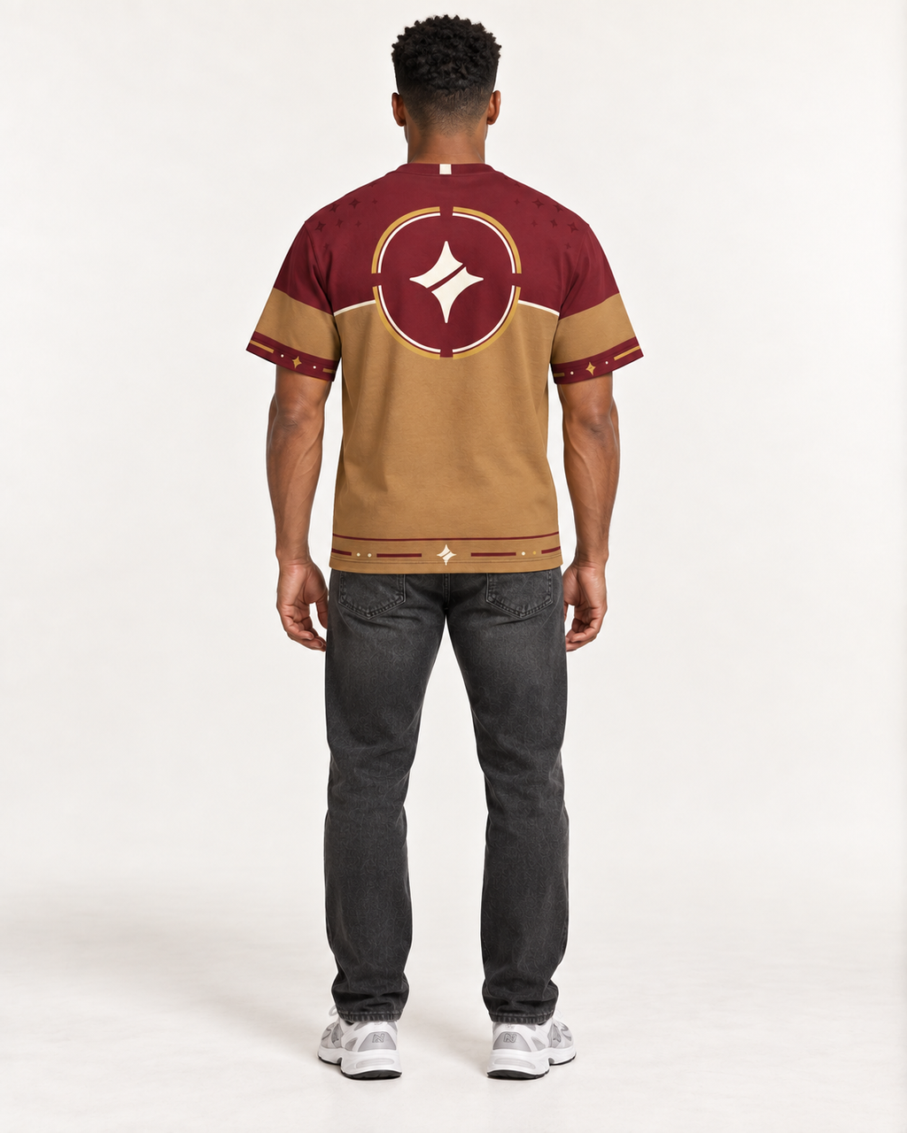 Bordeaux Equilibrium boxy cotton T-shirt — back on-model AI styling illustration