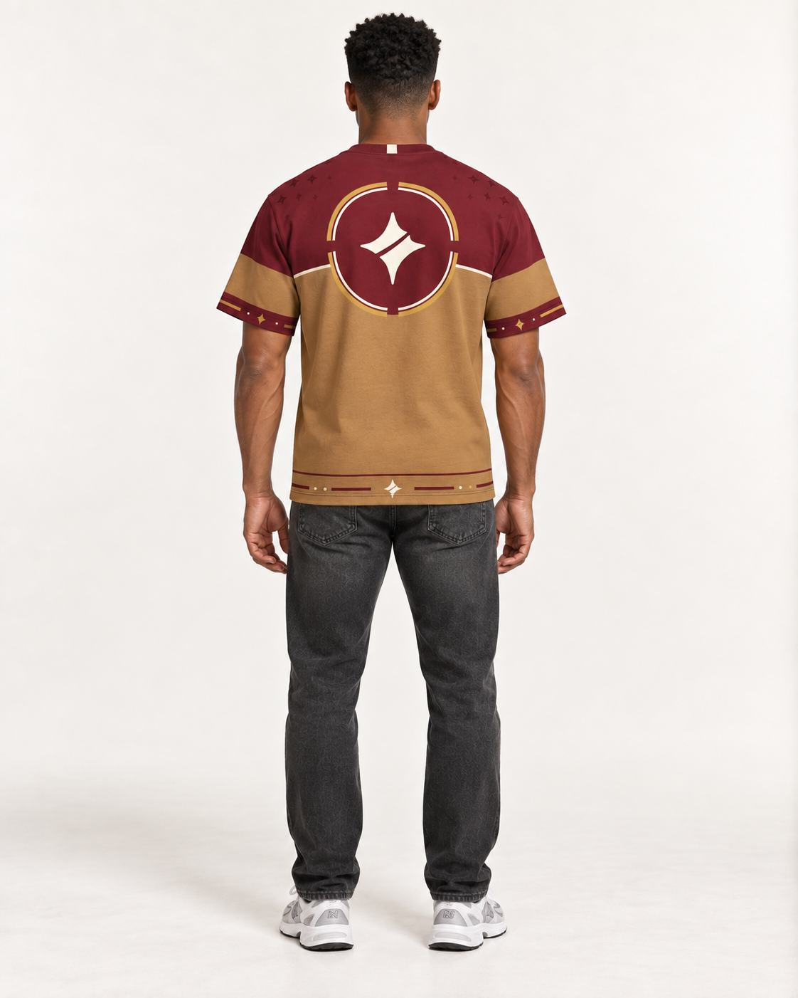 Bordeaux Equilibrium boxy cotton T-shirt — back on-model AI styling illustration
