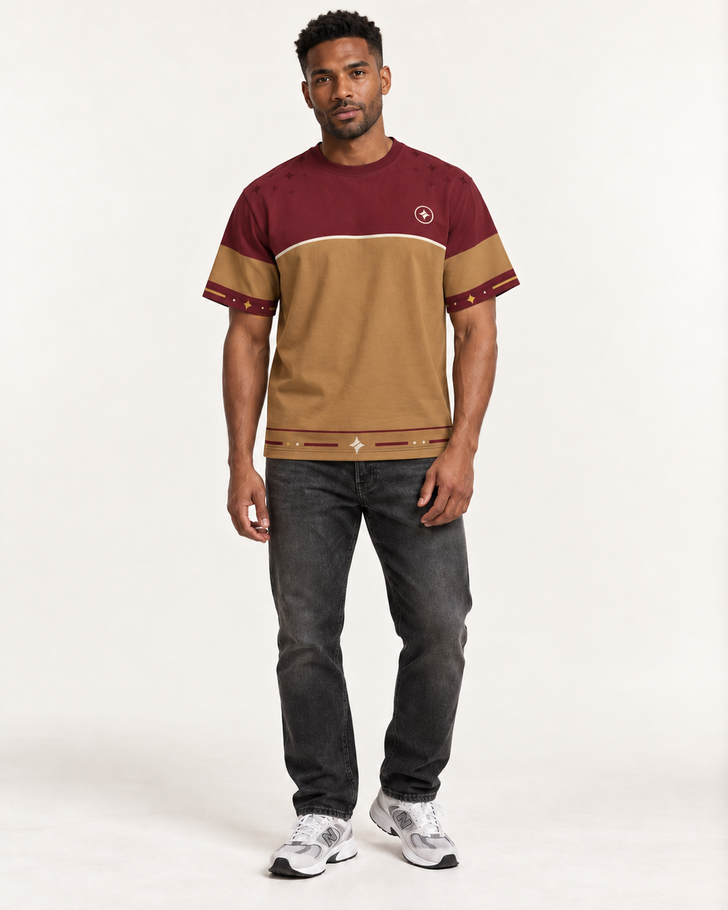 Bordeaux Equilibrium boxy cotton T-shirt — front on-model AI styling illustration