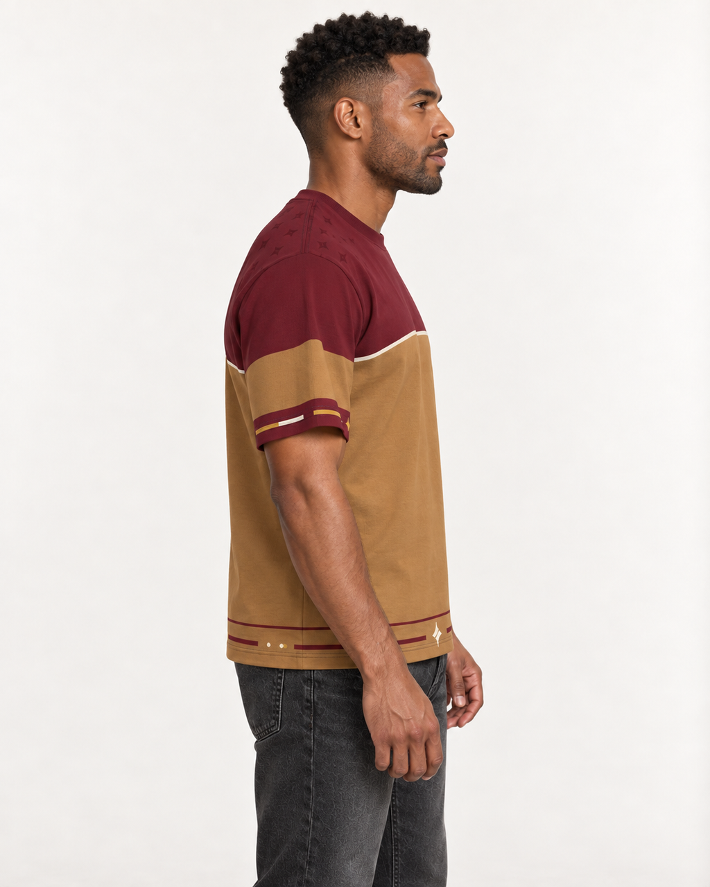 Bordeaux Equilibrium boxy cotton T-shirt — side on-model AI styling illustration