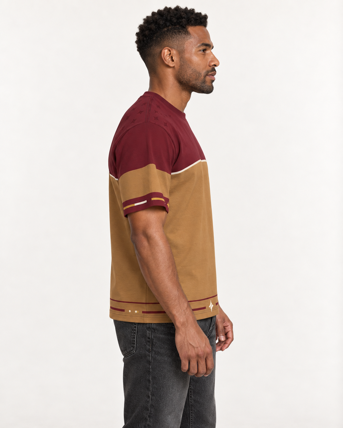 Bordeaux Equilibrium boxy cotton T-shirt — side on-model AI styling illustration