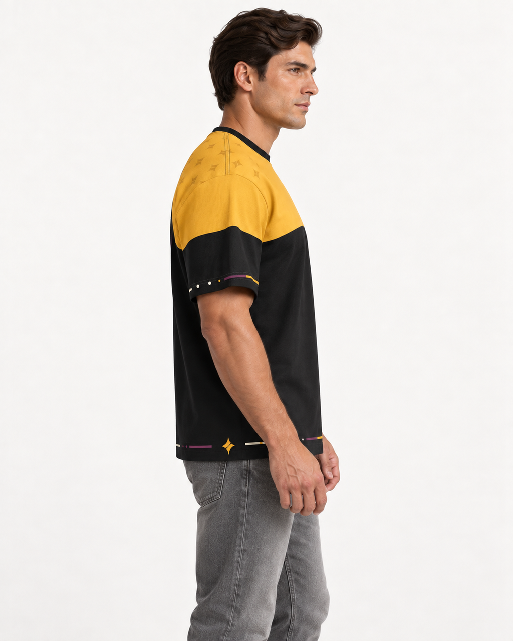 Solar Regalia boxy cotton T-shirt — side on-model AI styling illustration