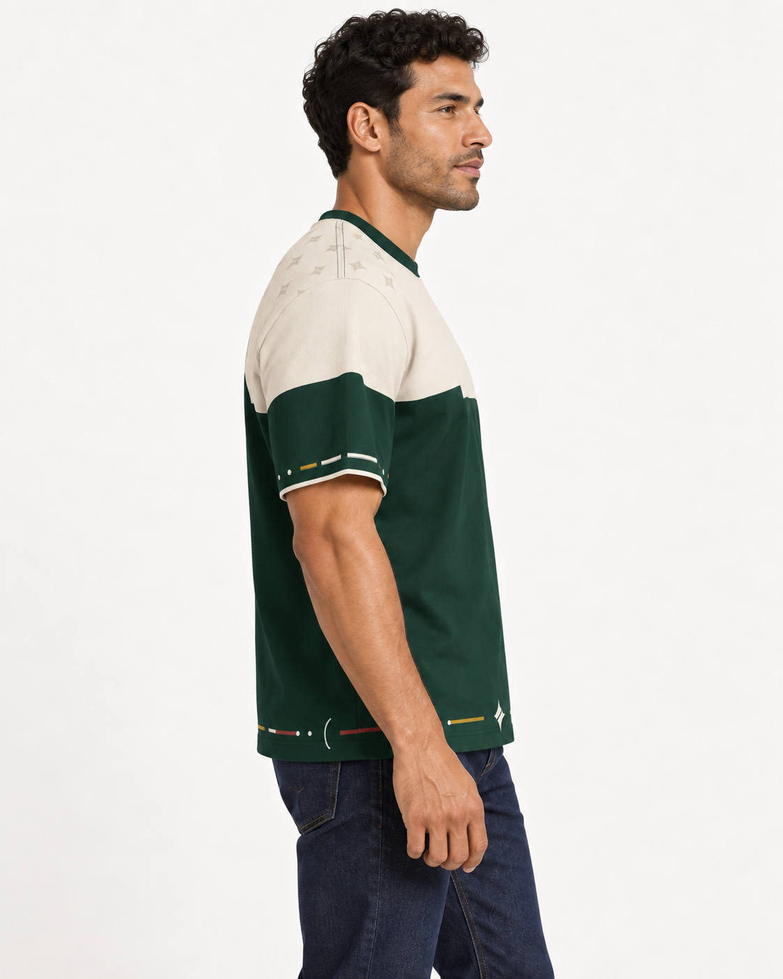Forest Ivory Regalia boxy cotton T-shirt — side on-model AI styling illustration