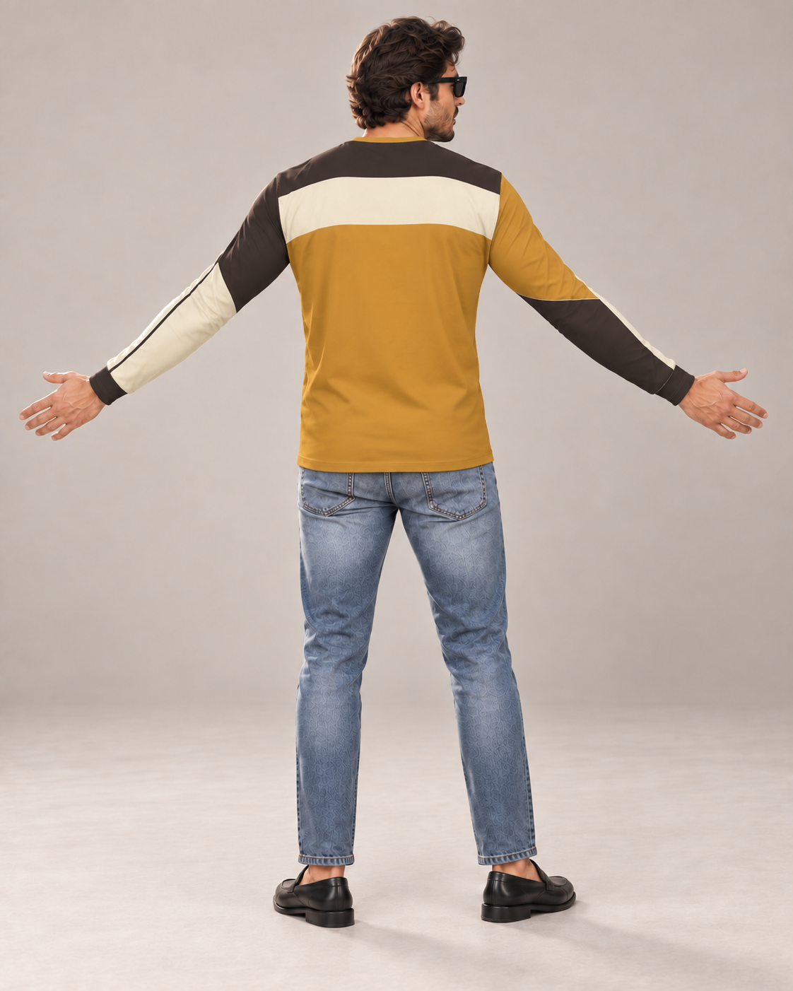 Amber Ascent Luxury Bounce Cotton Long Sleeve T-Shirt by UNIKCOSA, back view with arms spread wide in a plain indoor studio — AI styling visual