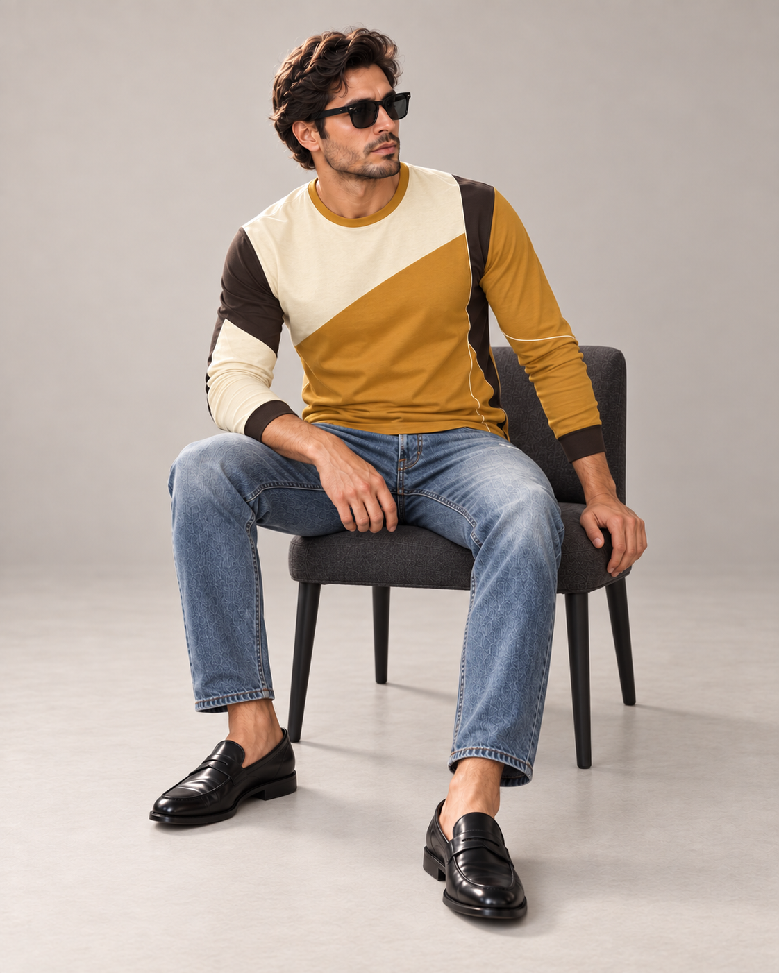 Amber Ascent Luxury Bounce Cotton Long Sleeve T-Shirt by UNIKCOSA, seated with sleeves styled on a plain stone-grey background — AI styling visual