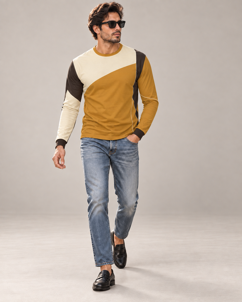 Amber Ascent Luxury Bounce Cotton Long Sleeve T-Shirt by UNIKCOSA, walking in a plain indoor studio with straight jeans and black loafers — AI styling visual