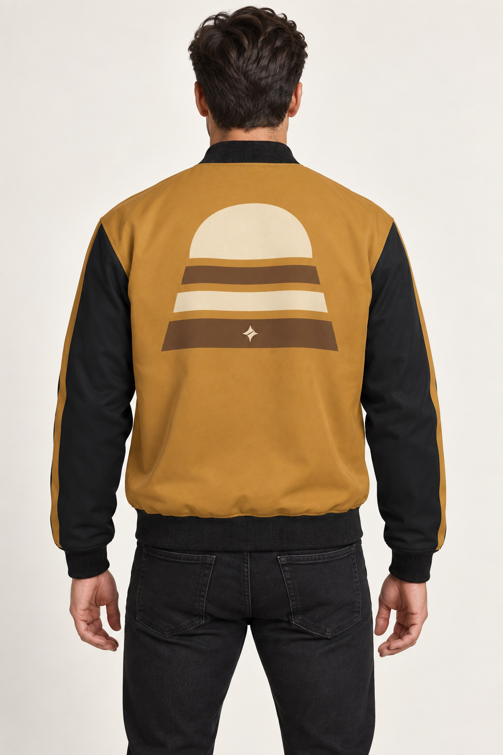 Amber Horizon satin bomber jacket — back on-model styling illustration