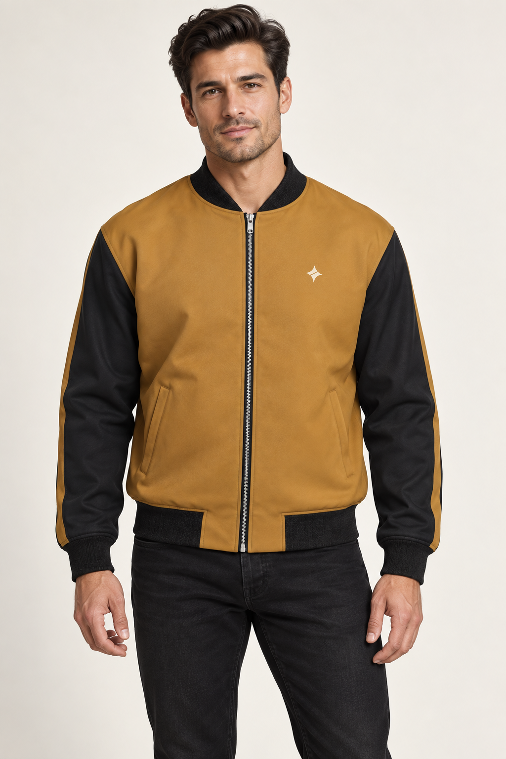 Amber Horizon satin bomber jacket — front on-model styling illustration
