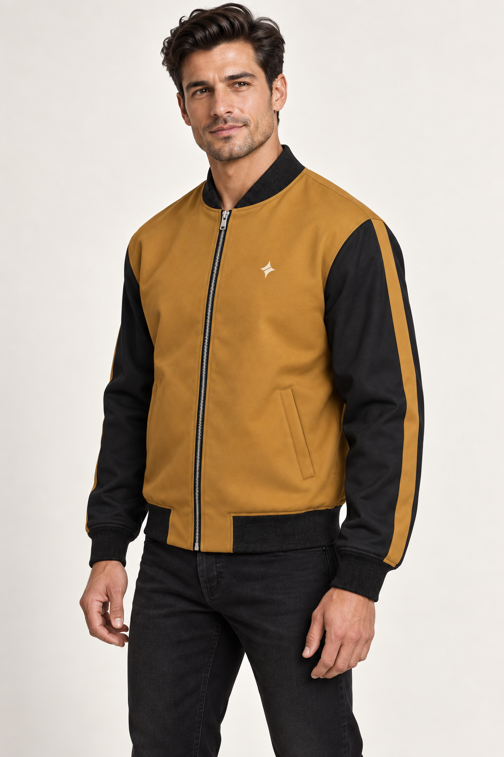 Amber Horizon satin bomber jacket — three-quarter on-model styling illustration
