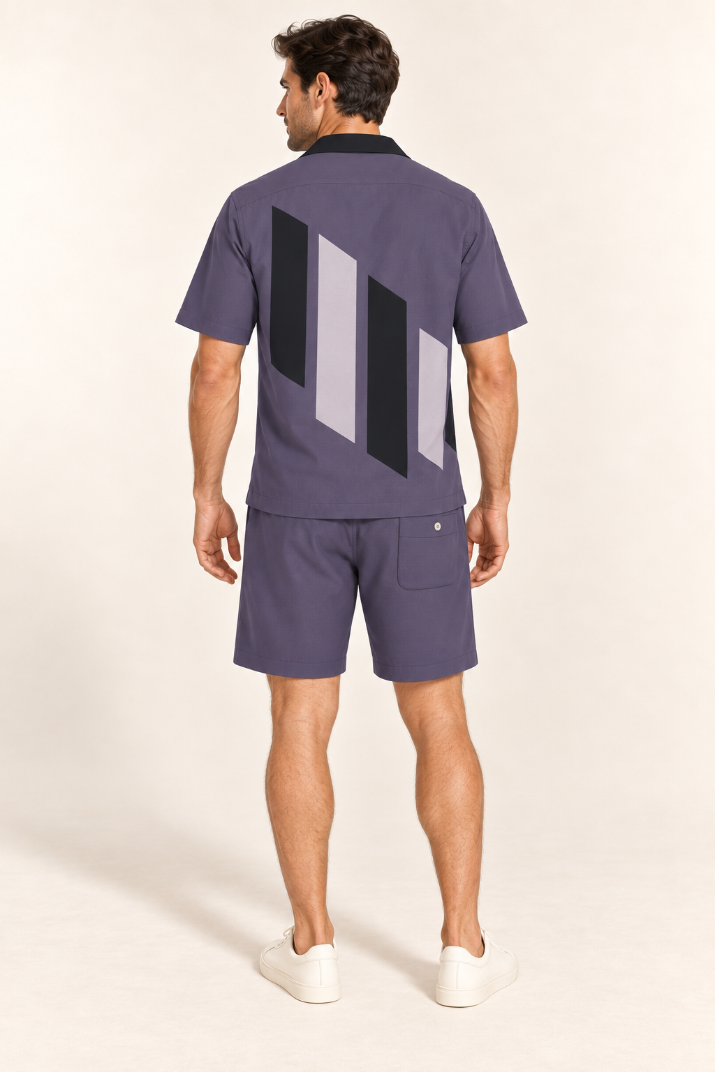 Amethyst Obsidian cotton satin shirt and shorts set, back model view. AI-generated styling illustration.