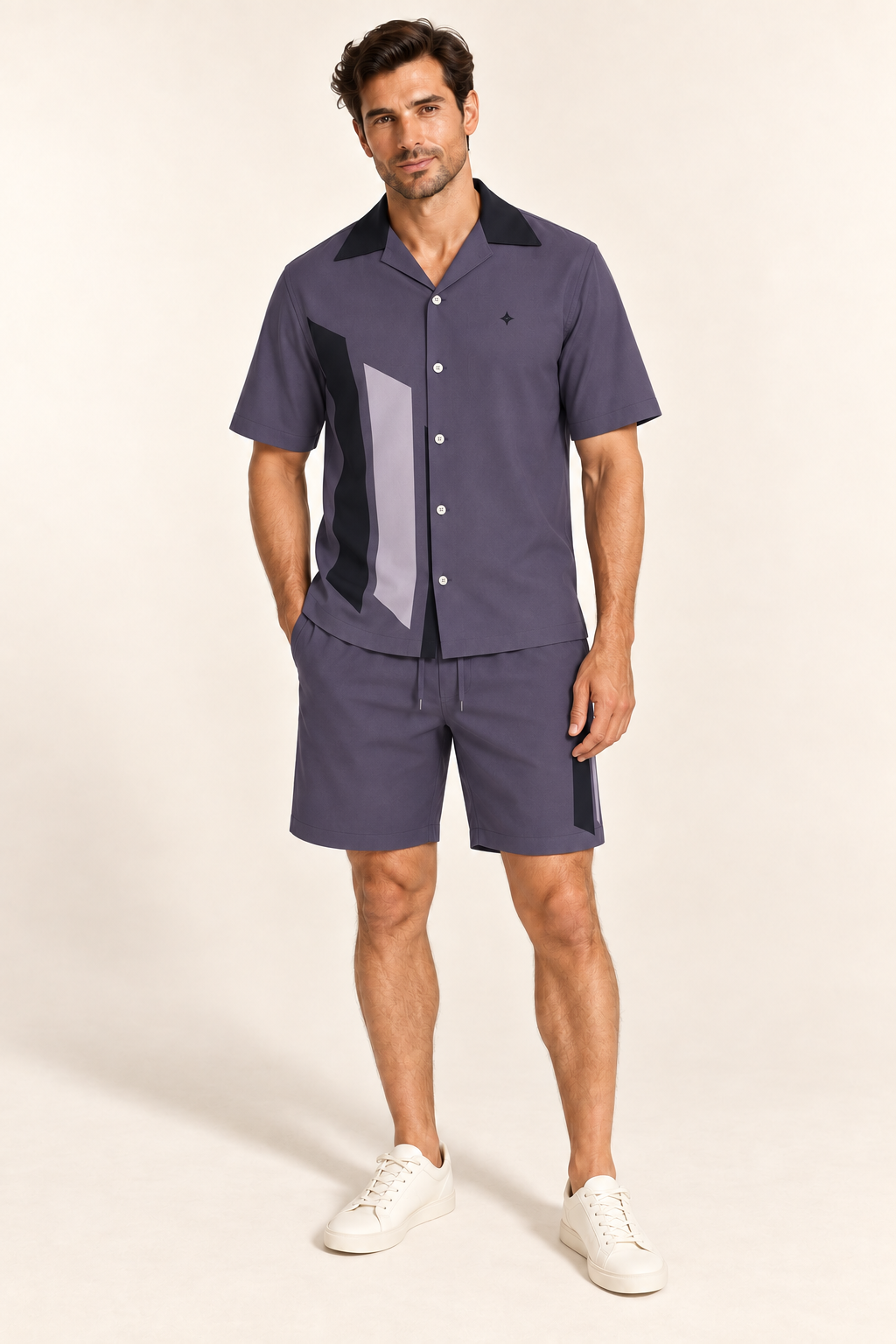 Amethyst Obsidian cotton satin shirt and shorts set, front model view. AI-generated styling illustration.