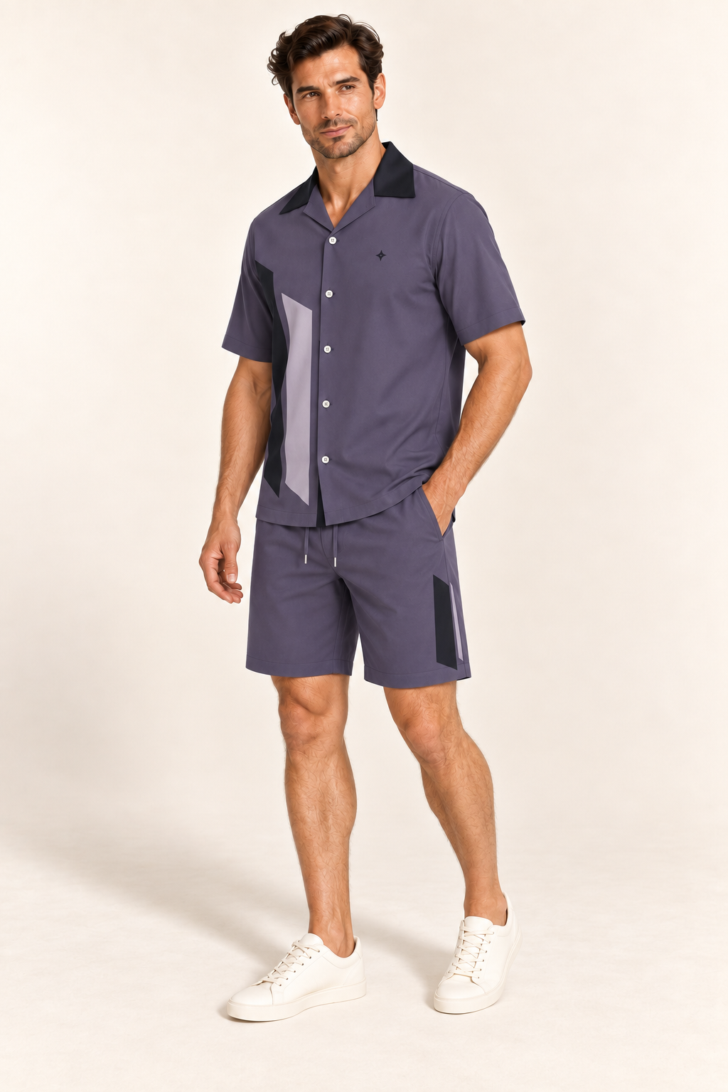 Amethyst Obsidian cotton satin shirt and shorts set, side model view. AI-generated styling illustration.