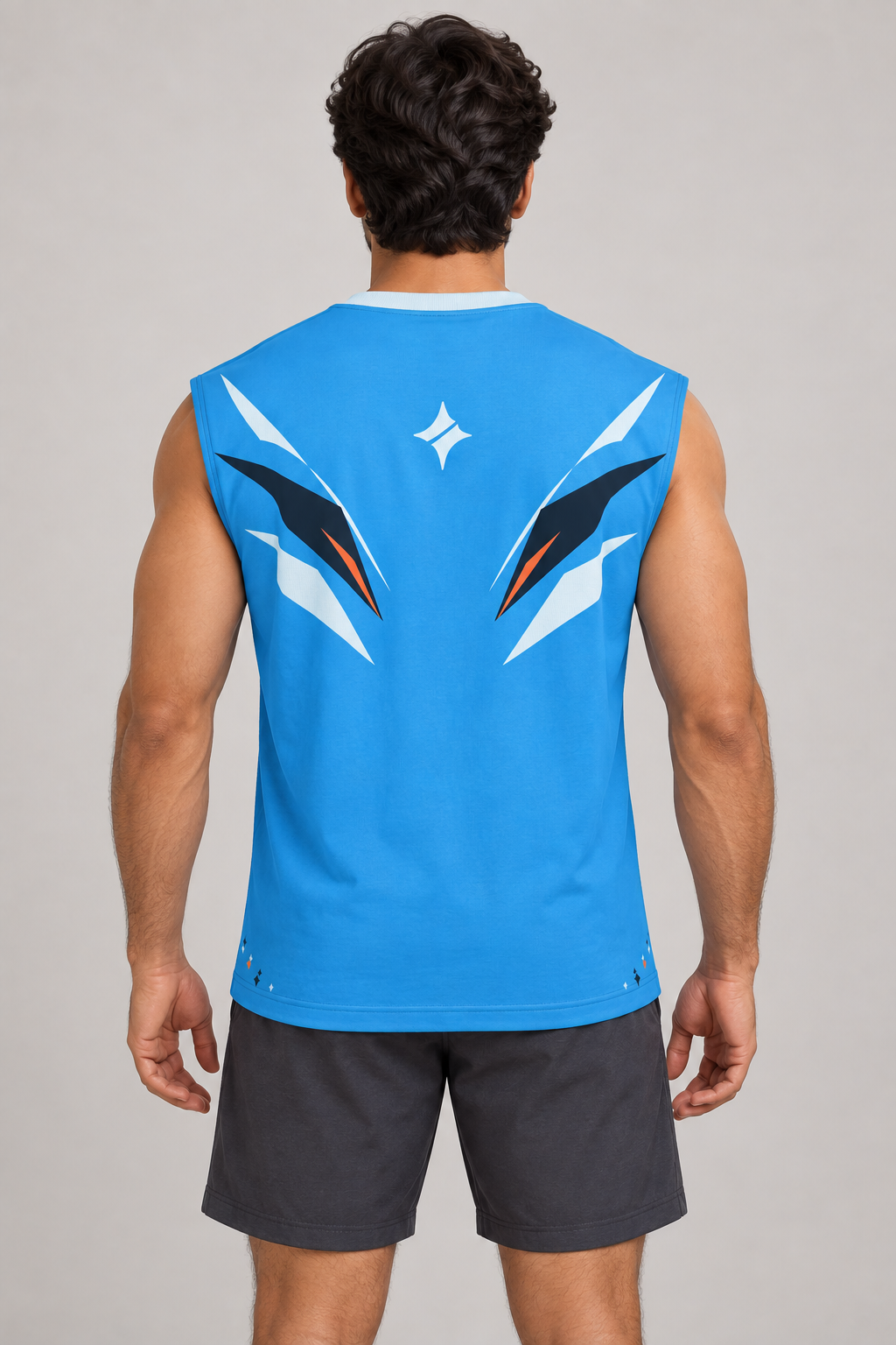 Arctic Cerulean sleeveless cotton T-shirt – back on-model styling illustration