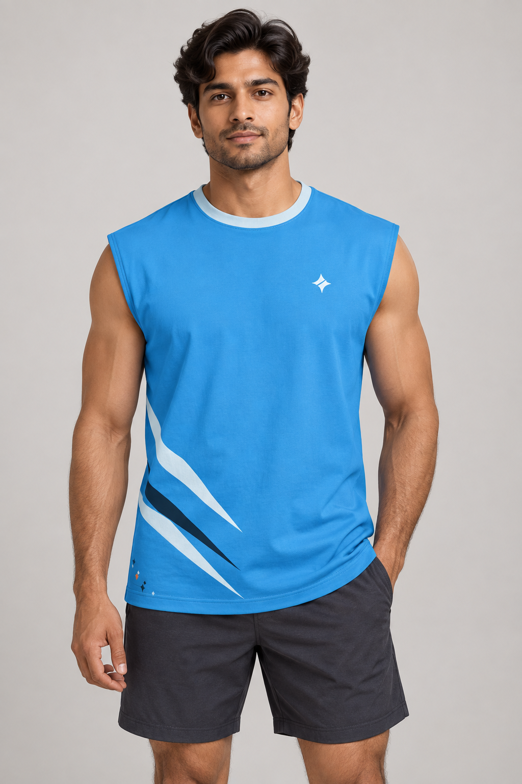 Arctic Cerulean sleeveless cotton T-shirt – front on-model styling illustration