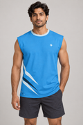 Arctic Cerulean sleeveless cotton T-shirt – front on-model styling illustration