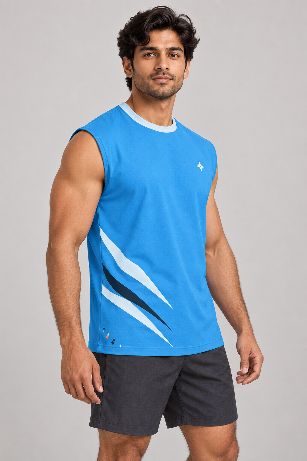 Arctic Cerulean sleeveless cotton T-shirt – side on-model styling illustration