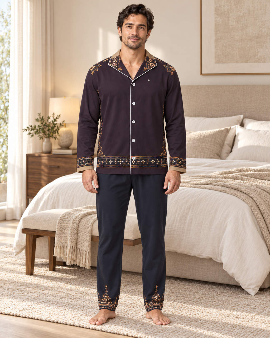Adult model wearing the Aubergine Mosaic Luxury Pajama Set in a bright bedroom — AI styling illustration