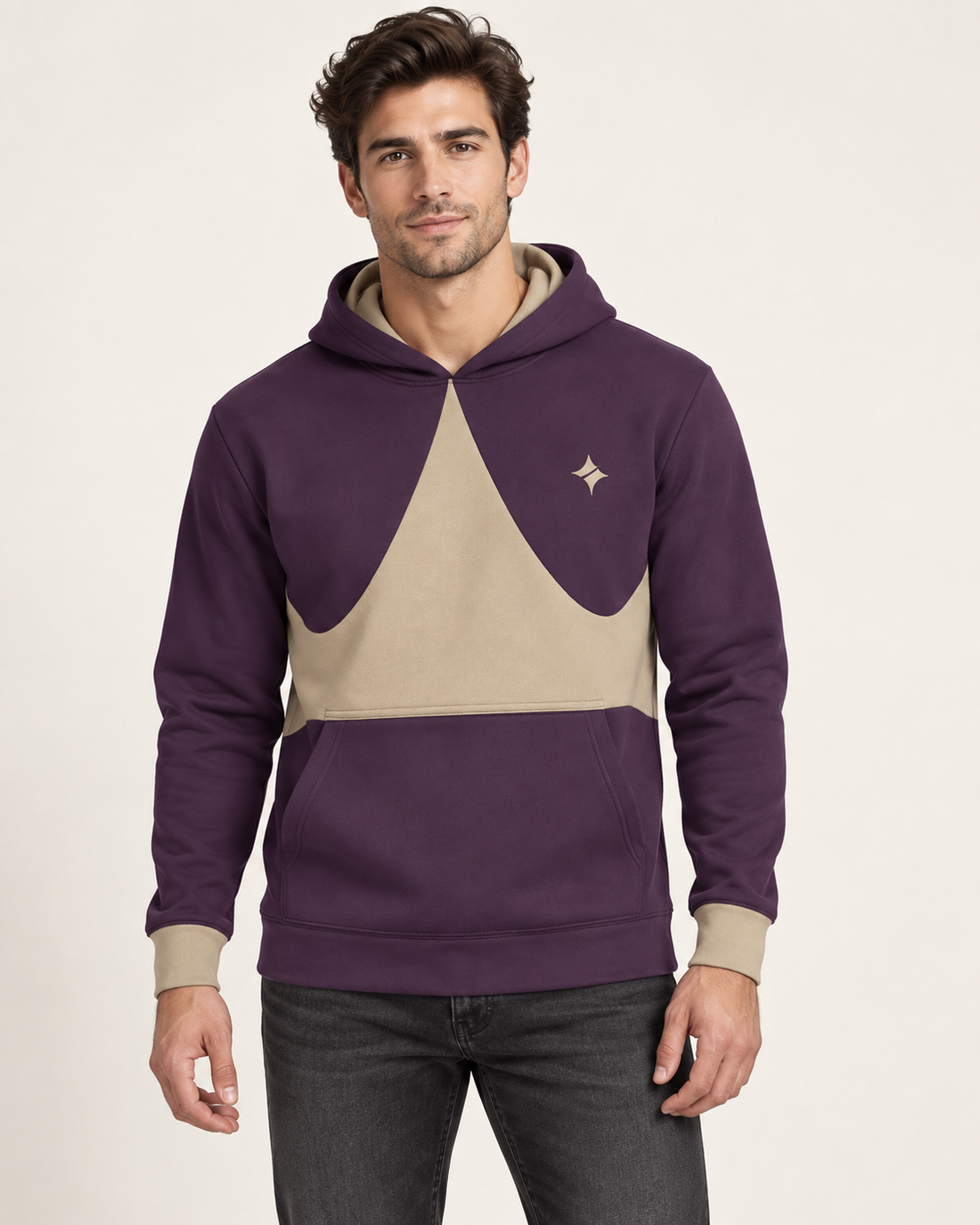 Aubergine Sand Crownline Nero Ponte Hoodie, front on-model AI styling illustration