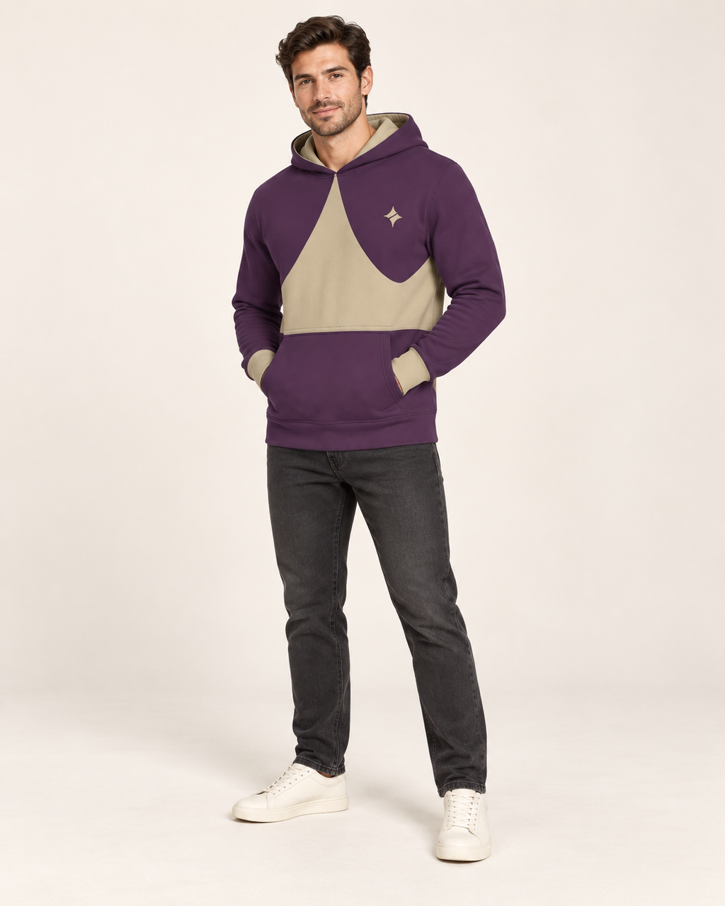 Aubergine Sand Crownline Nero Ponte Hoodie, fullbody on-model AI styling illustration