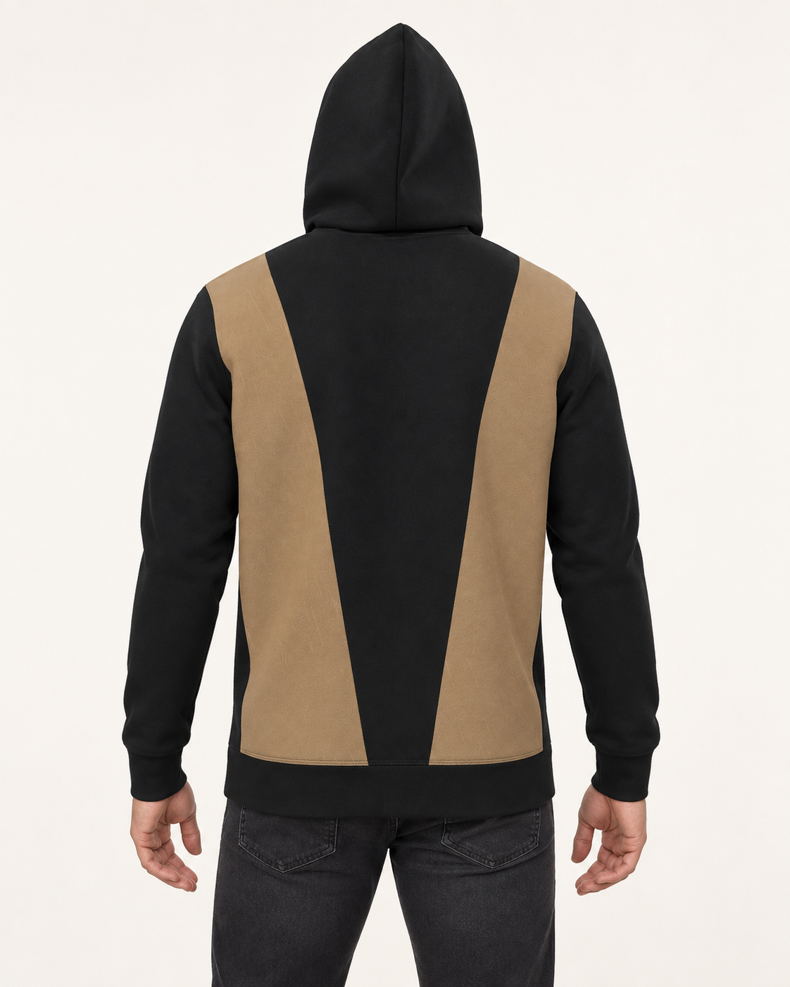 Black Caramel Driftwood Nero Ponte Hoodie, back on-model AI styling illustration