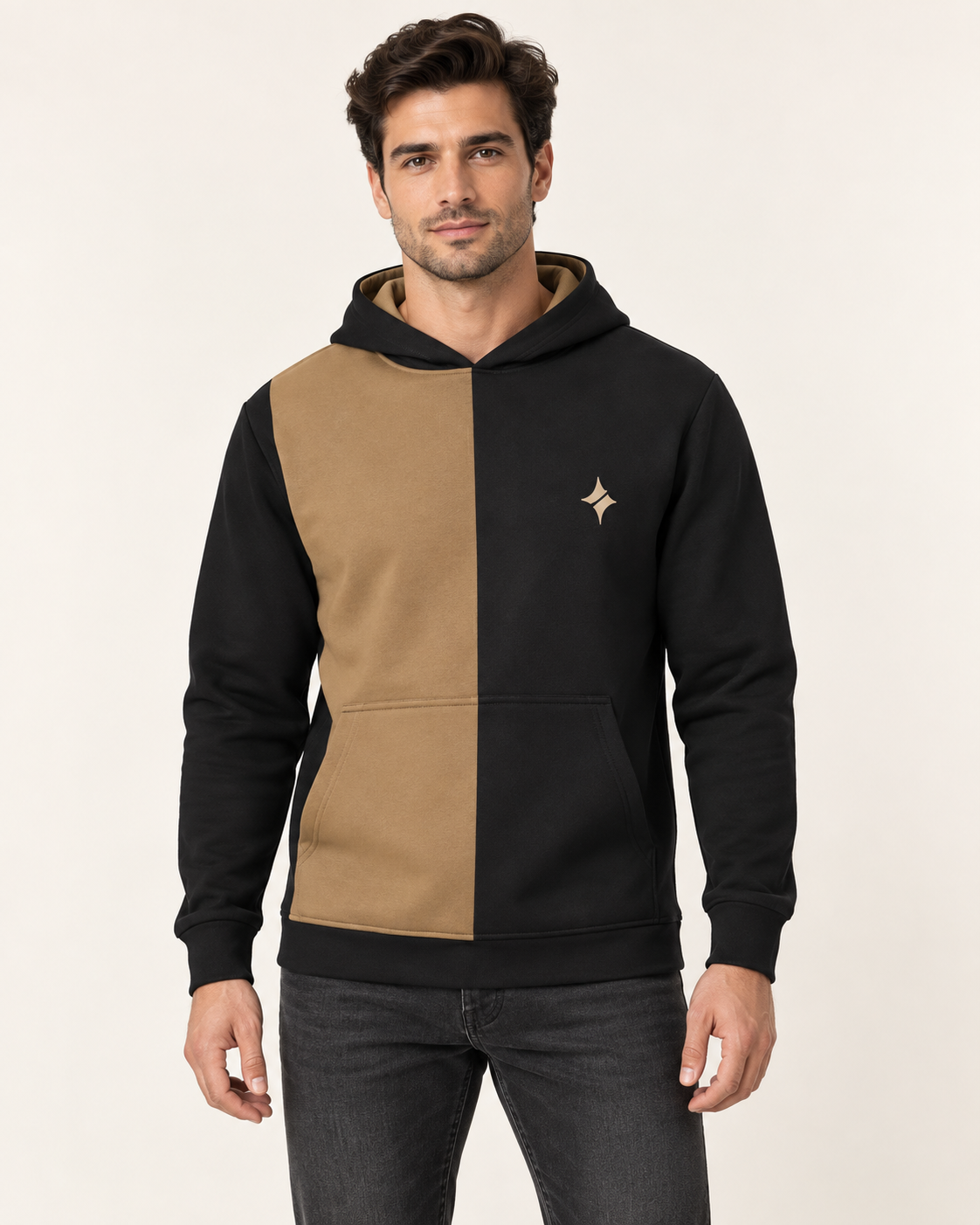 Black Caramel Driftwood Nero Ponte Hoodie, front on-model AI styling illustration