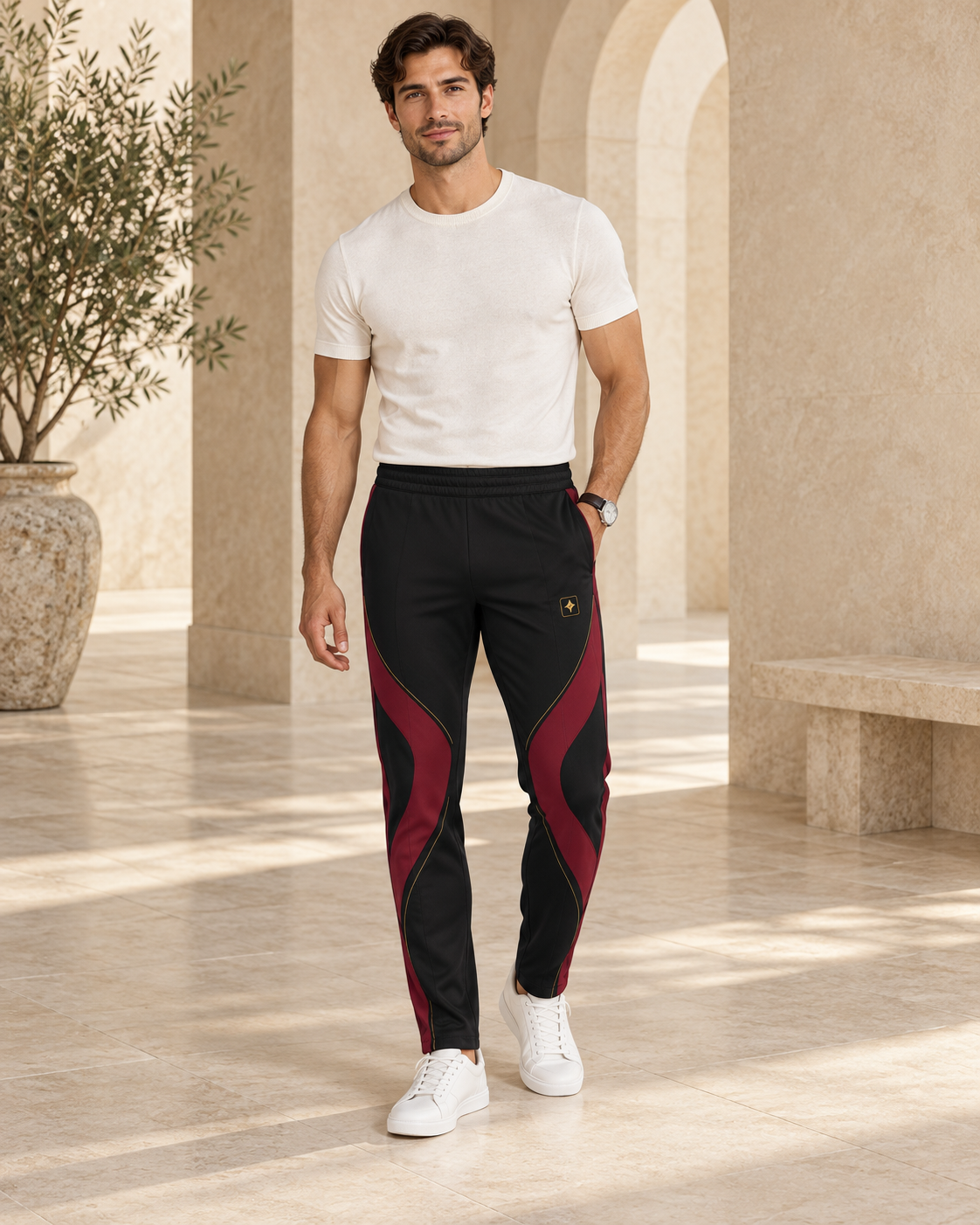 Black Cherry Luxury Rox Jersey Track Pants by UNIKCOSA — front model styling view